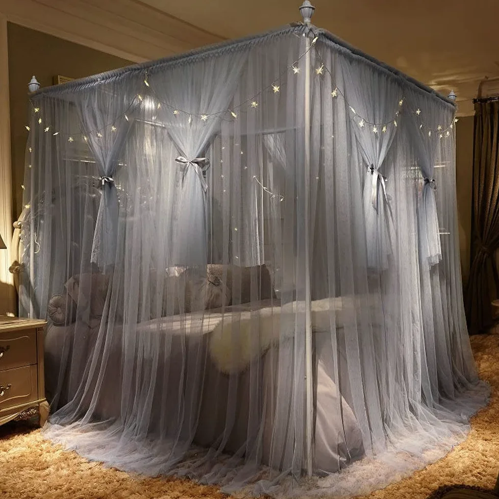 Lussuosa tenda a baldacchino grigia a 4 angoli, 2 x 2,2 x 2 m, elegante zanzariera per letti dei bambini, decorazione per camera da letto, aggiunge privacy e stile