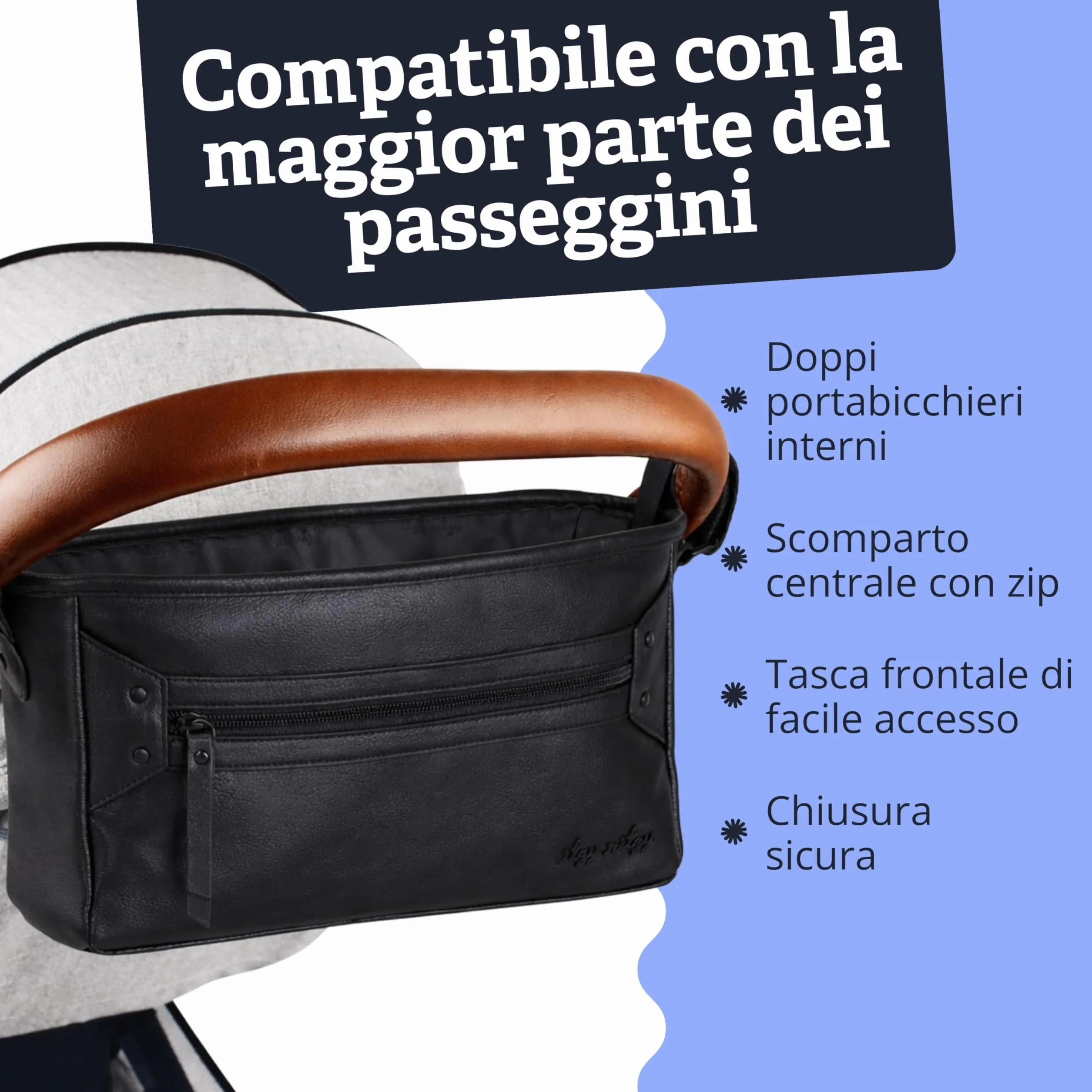 Itzy Ritzy Organizer regolabile per passeggino, dotato di due tasche frontali integrate con cerniera e cinghie regolabili per adattarsi a quasi qualsiasi passeggino, caffè e crema