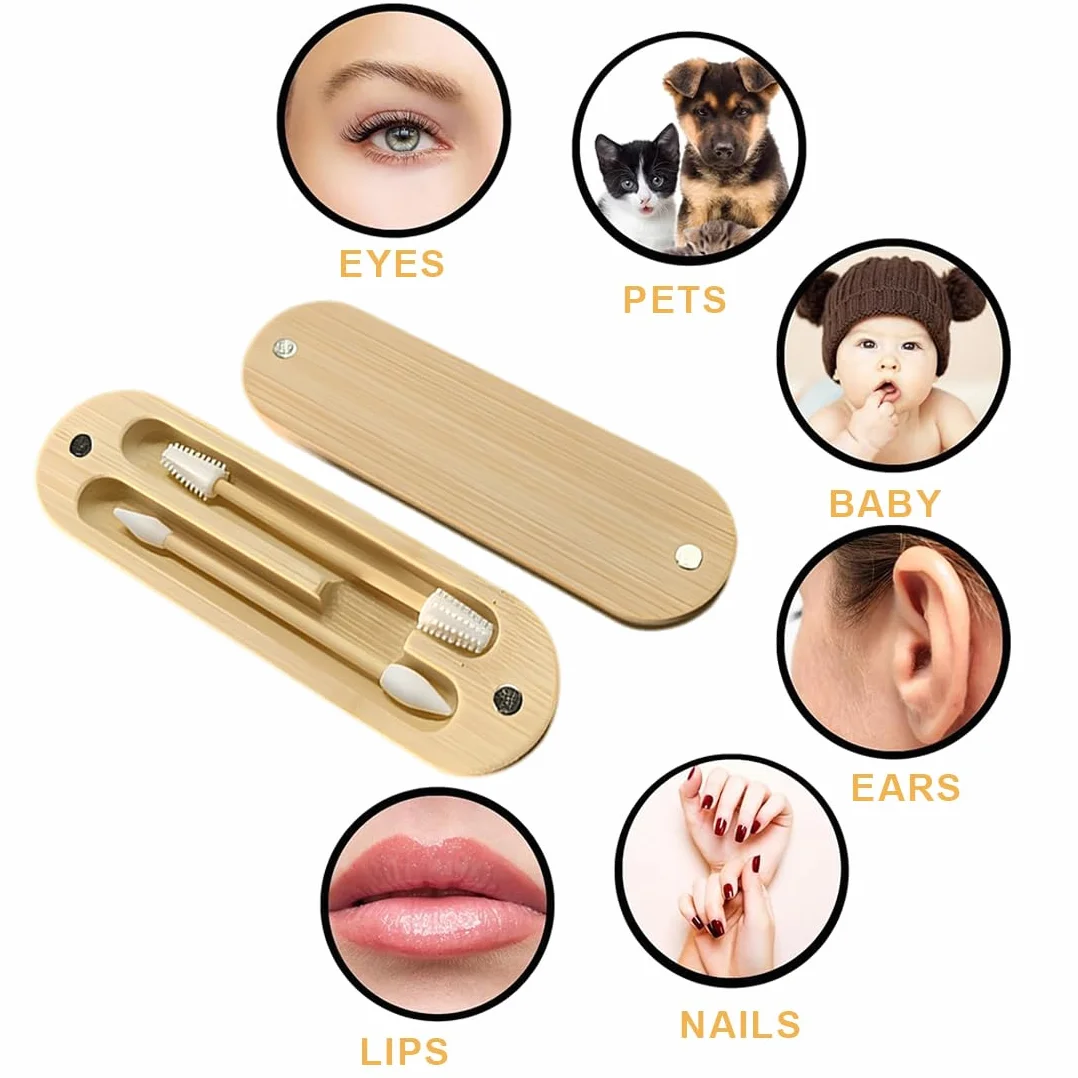 Set di 2 Cotton Fioc Riutilizzabili in Bambù e Silicone con Punta a Spirale per Trucco e Pulizia Orecchie con Custodia Magnetica da Viaggio