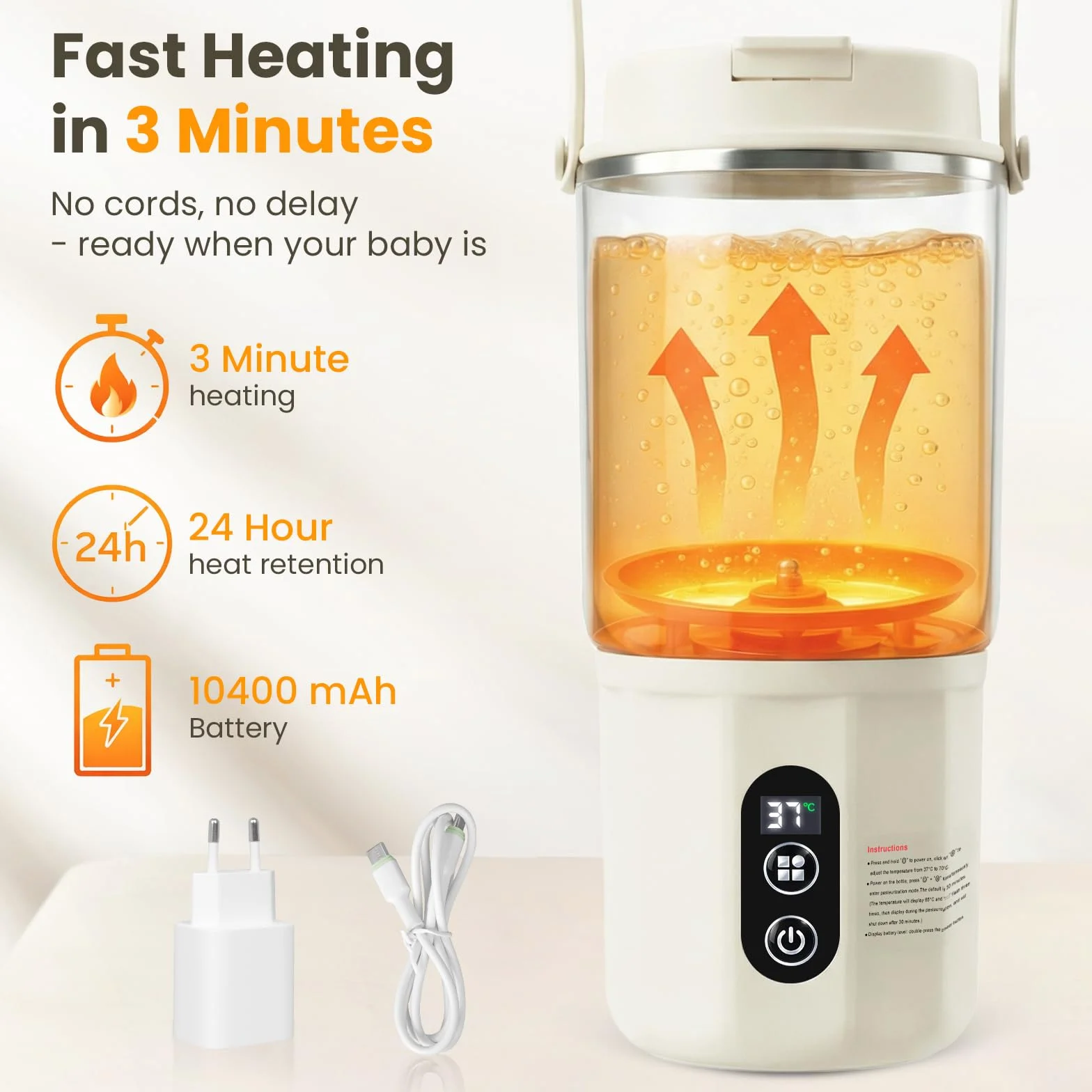 Scaldabiberon portatile - Scaldabiberon 2 in 1: riscaldamento rapido di latte materno e acqua, pastorizzazione, blocco di sicurezza per bambini, temperatura costante 24 ore su 24 per tutta (Beige)