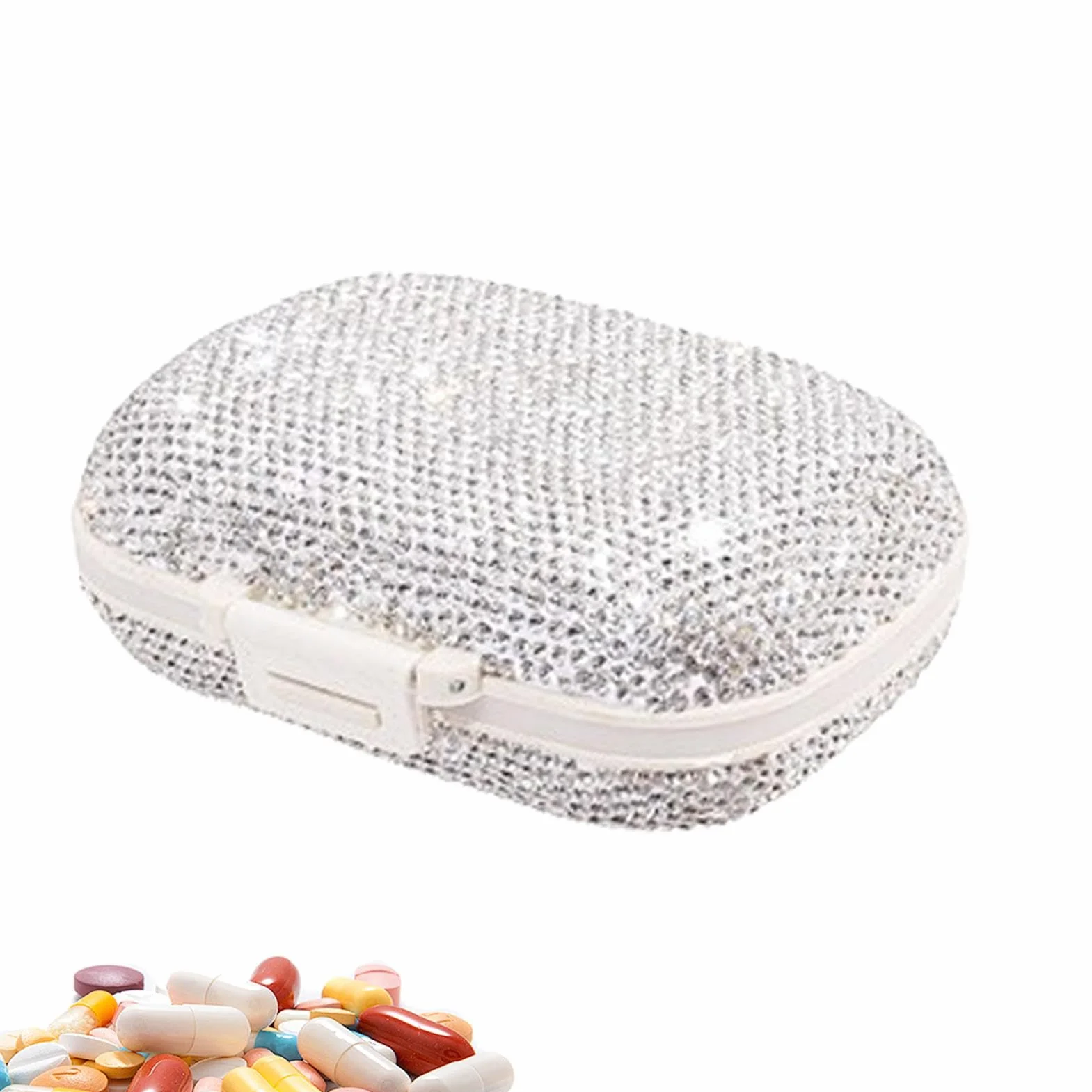 Portapillole - Portapillole con brillantini, portapillole, portapillole con scomparti, organizzatore per pillole da viaggio, organizzatore settimanale per la casa e i viaggi, bianco, rosso, bu