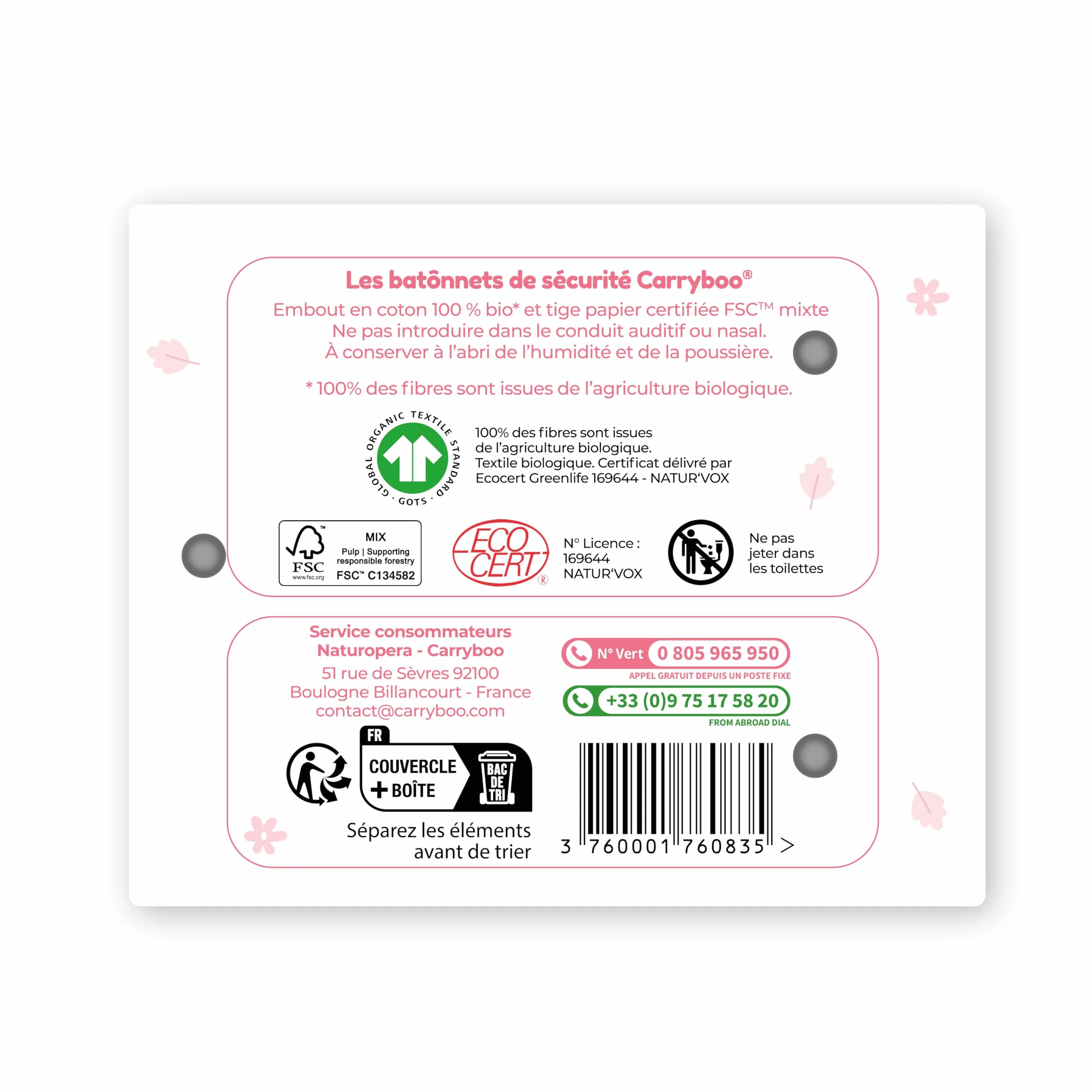 CARRYBOO - Bastoncini di sicurezza per neonati in cotone biologico - Confezione da 50 bastoncini