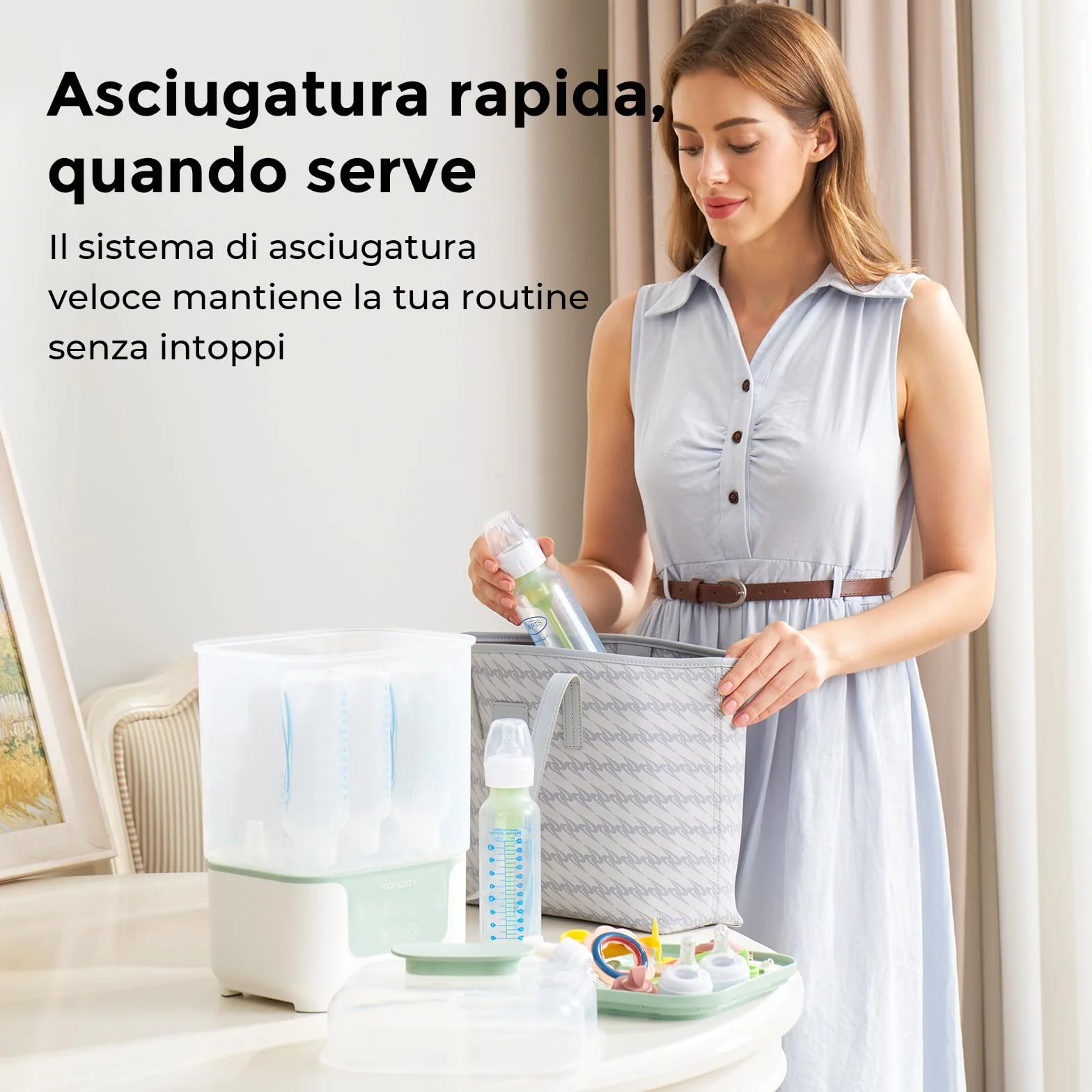 Momcozy Sterilizzatore e Asciugatrice per Biberon, Capacità 6 Biberon, Sterilizzatore Compatto 4 in 1 per Biberon, Parti per Tiralatte e Articoli Essenziali per Neonati, Stendibiancheria Incluso