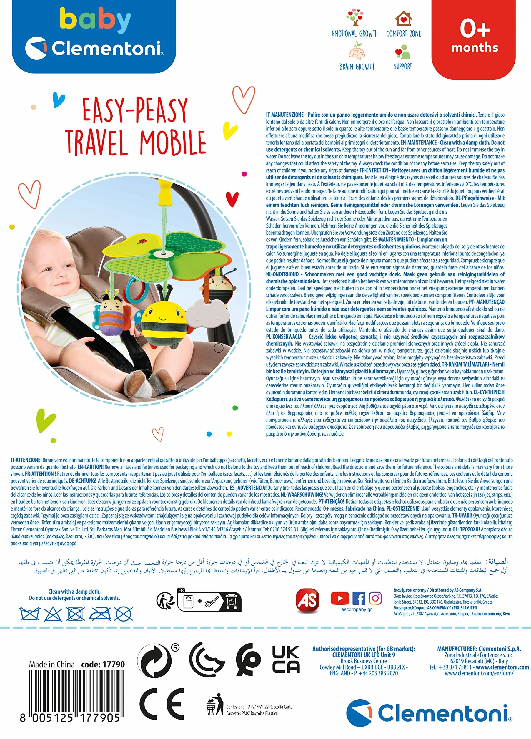 Clementoni - 17790 - Easy-Peasy Travel Mobile - Giostrina Culla O Passeggino, Giocattolo da Appendere per Passeggino, Gioco Passeggino Neonato, Leggera E Trasportabile