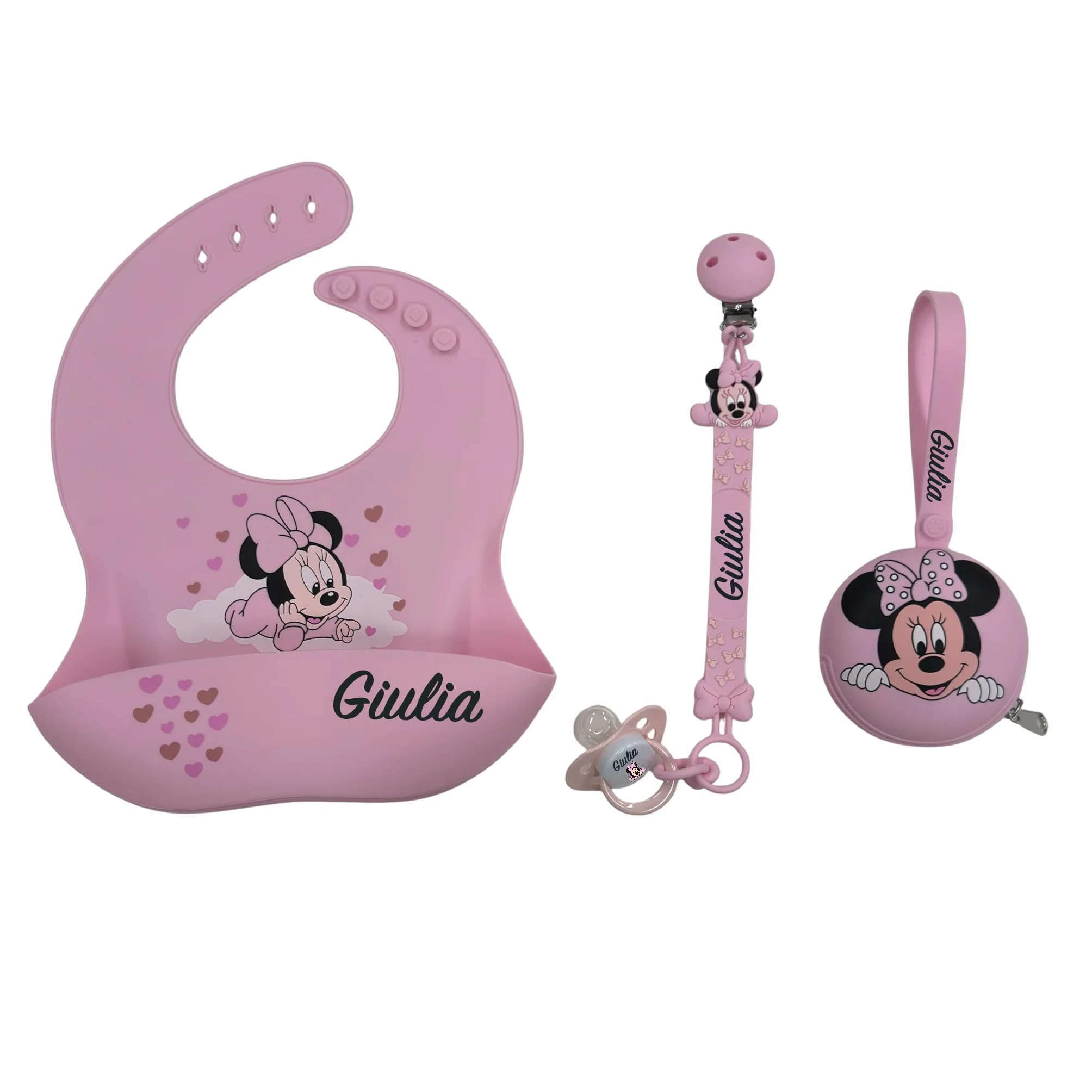 NOVITÁ Fettuccia IN SILICONE, Catenella portaciuccio personalizzata con nome FLAT BABYJART, lavabile, sicura per il bambino, compatibile con ciuccio MAM e CHICCO! (Minnie Rosa Pastello)