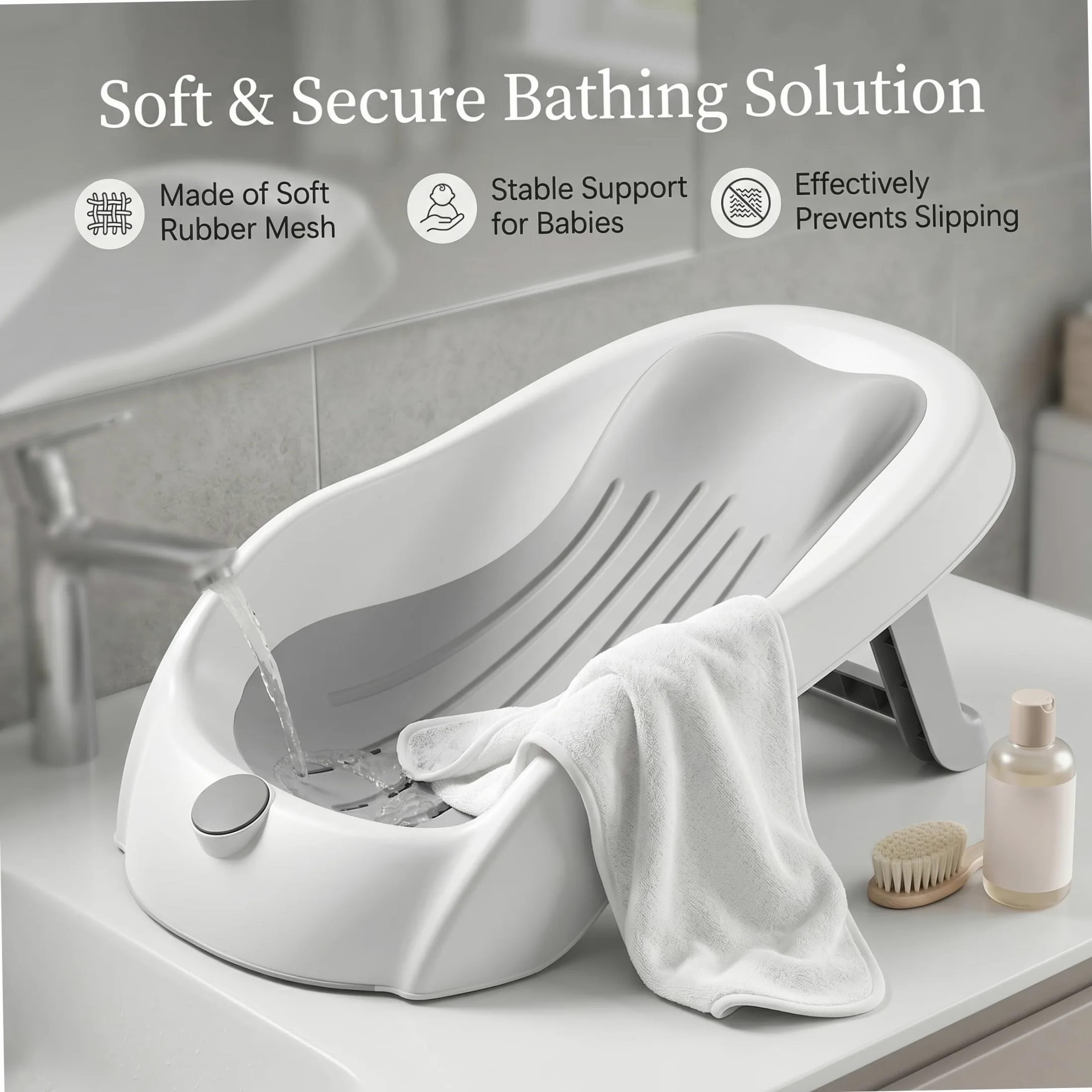 Supporto per bagnetto, vaschetta per il bagnetto con display digitale della temperatura e drenaggio, seggiolino pieghevole per vasca da bagno antiscivolo per neonati (grigio) #1