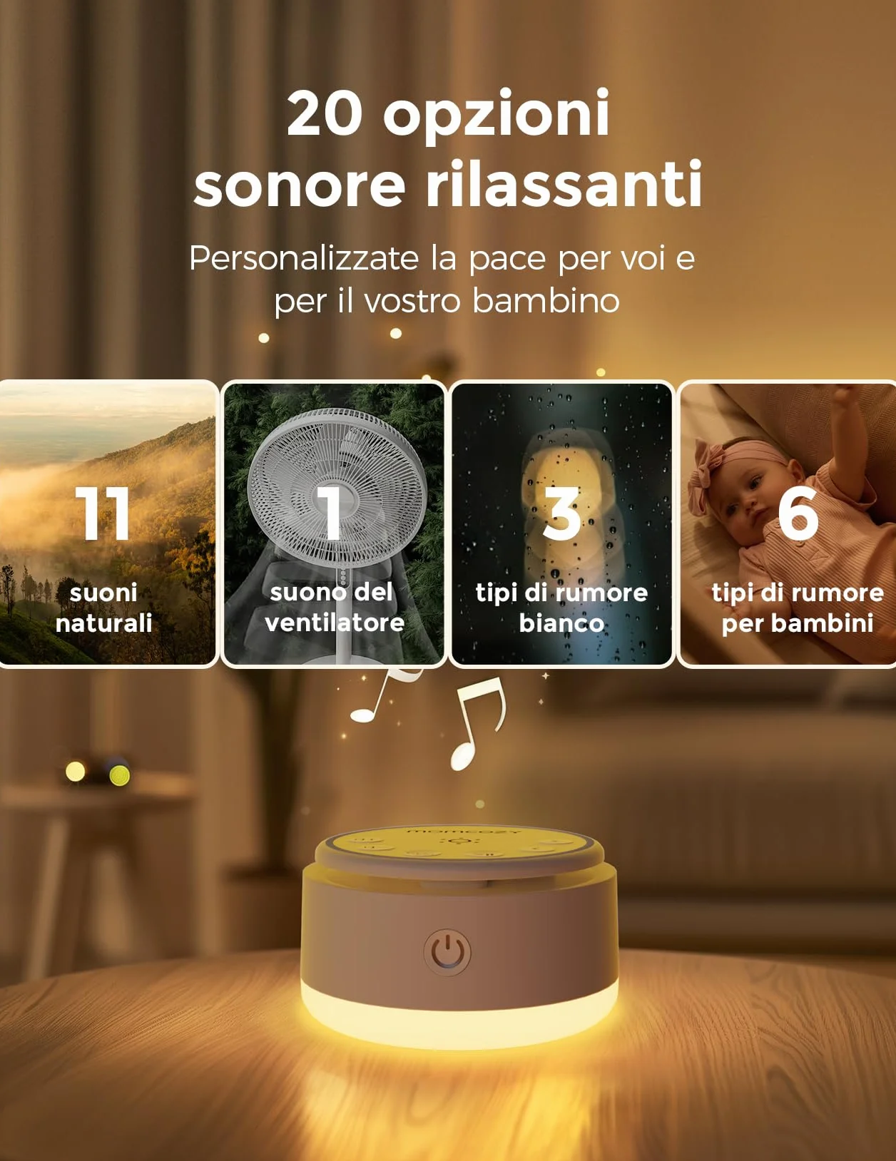 Momcozy Macchina per il rumore per bambini – 20 suoni calmanti e luce tattile, portatile rumore bianco per bambini e adulti, timer per addormentarsi e promemoria | Compagno di viaggio ideale (giallo)