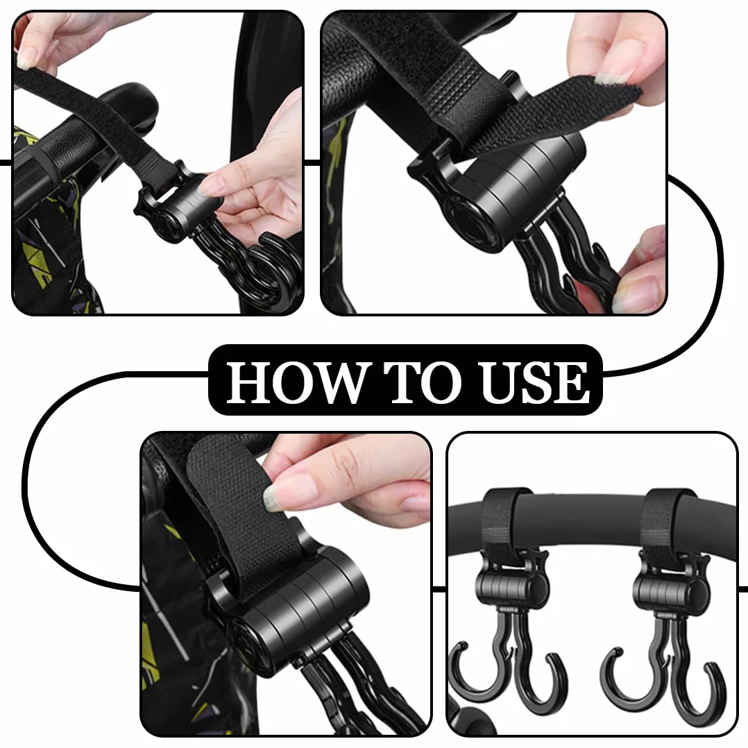4 Pezzi Ganci Passeggino, Ganci Passeggino Universali Leggero Rotanti Appendi, Multiuso Gancio Clip Con Chiusura Regolabile, Ganci Appendere Per La Spesa Borse Pannolini Borsette (Nero)