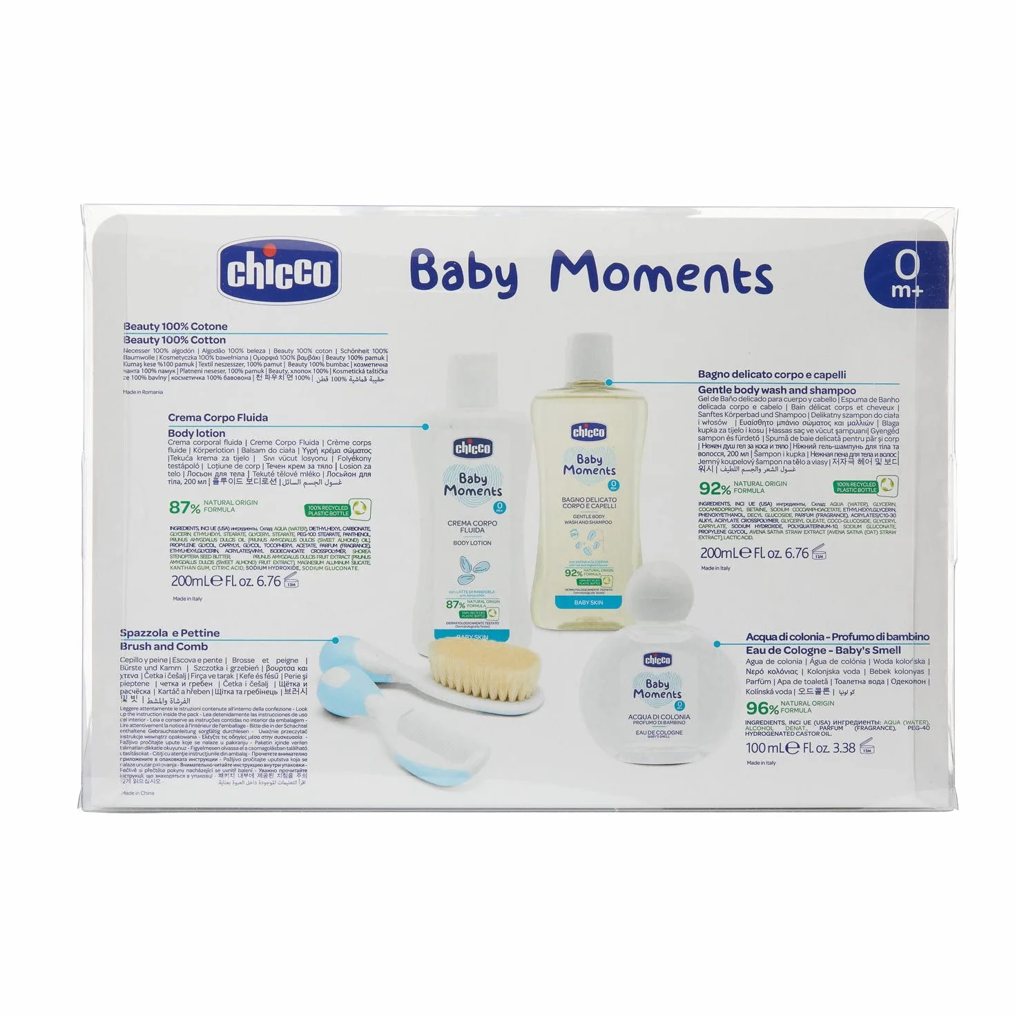 Chicco Set Idea Regalo Baby Moments, Con Acqua di Colonia 100ml, Bagno Delicato Corpo e Capelli 200ml, Crema Corpo 200 ml, Spazzola e Pettine, Tutto il Necessario per il Bagnetto, Blu, 0 Mesi+