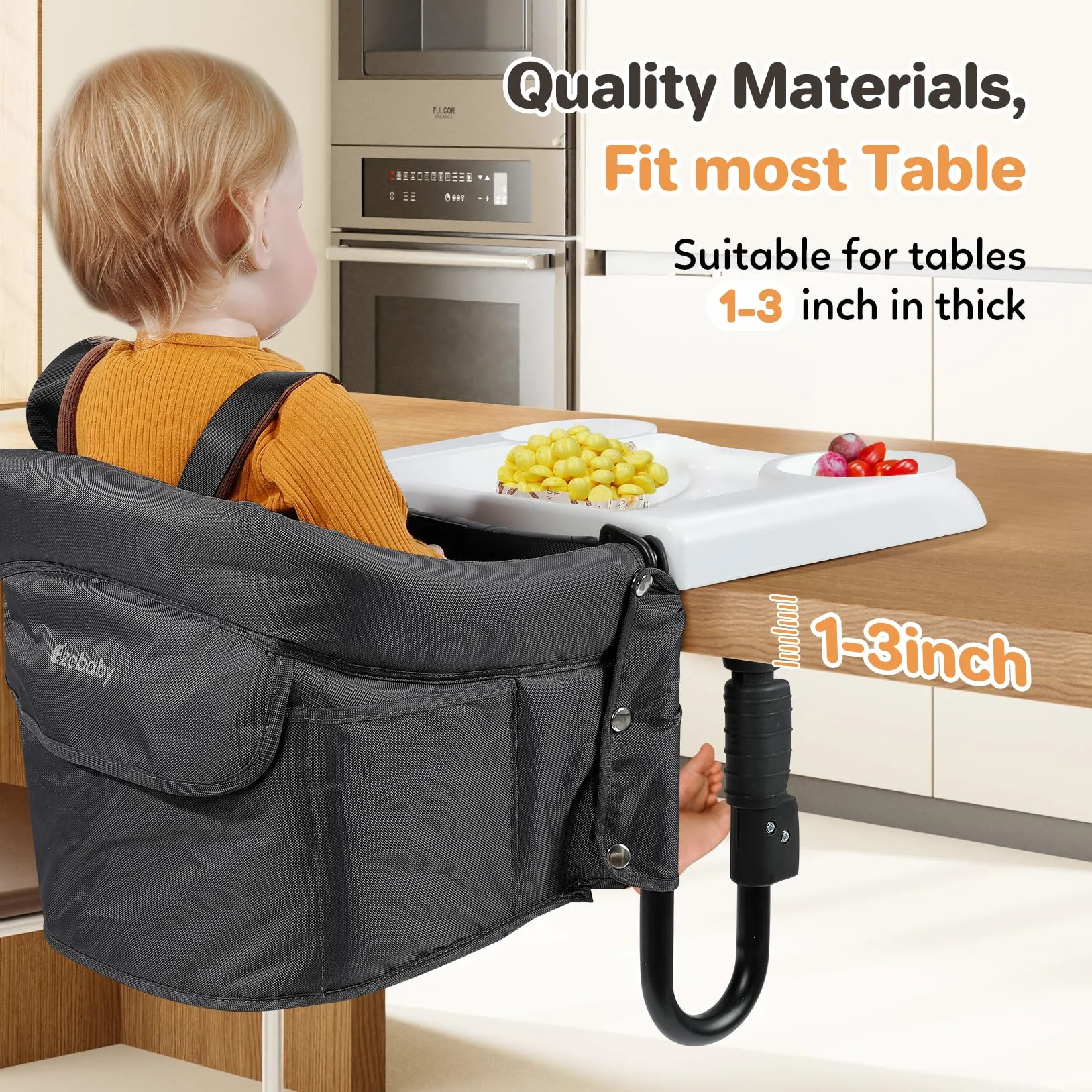 Ezebaby Seggiolone da Tavolo Pieghevole con Cintura di Sicurezza a 5 Ppunti e Borsa per il Trasporto di Spessore da 2,5 a 7,5 cm (Nero, con Vassoio)