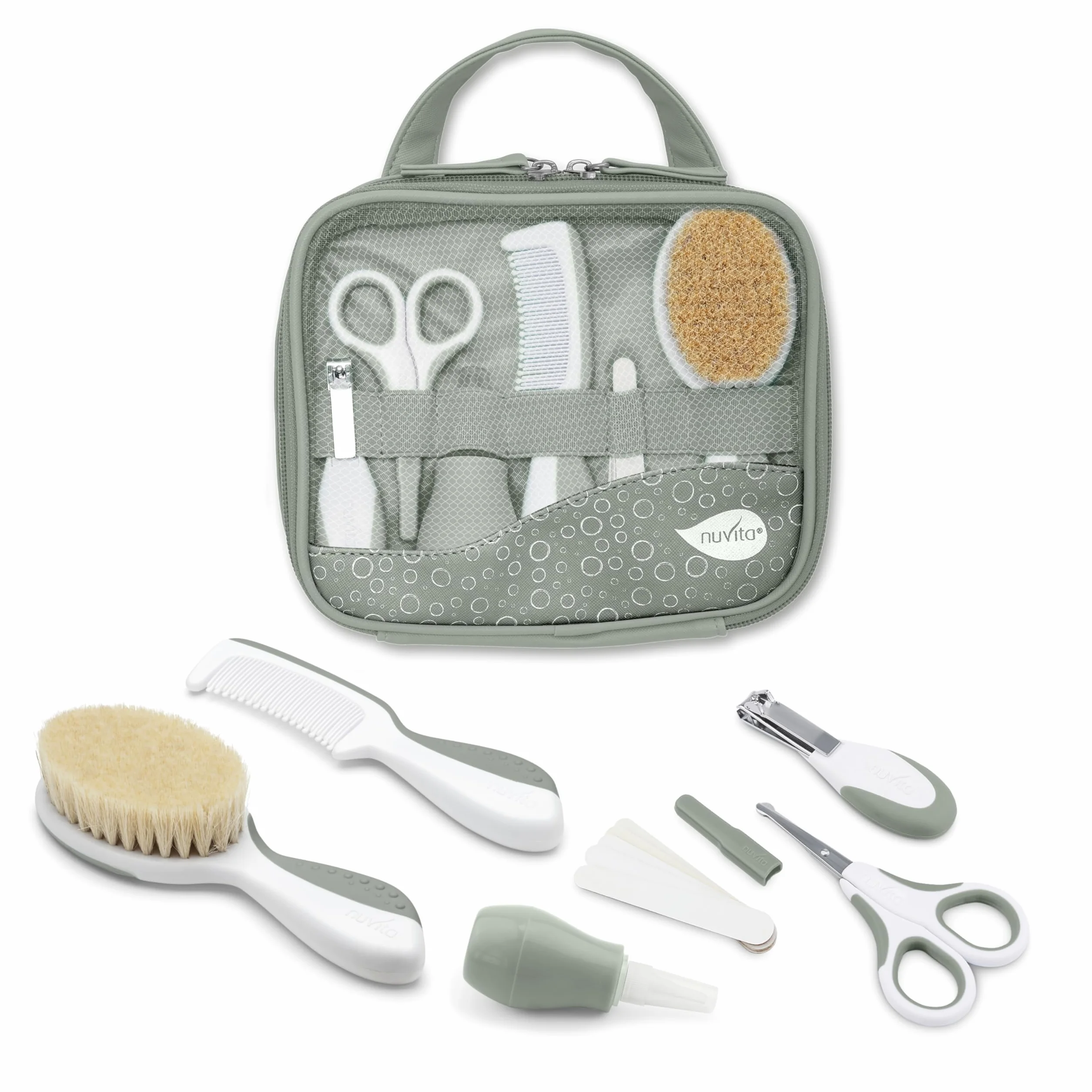 Nuvita 1146 | Set Completo per la Cura del Bambino | Trousse da Bagno | Bellezza per Neonati | Forbicine per Unghie e Capelli Senza BPA | Marchio UE | Sage Green