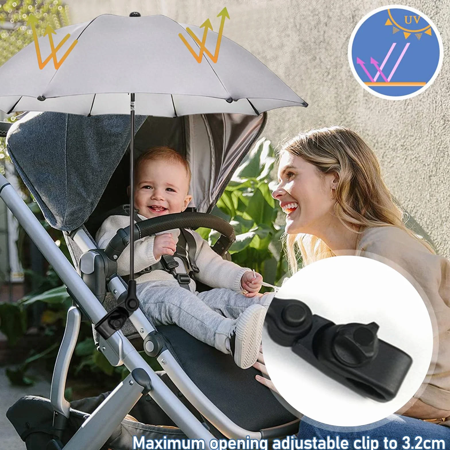 Ombrellino Passeggino Universale, Ombrellino Parasole Passeggino Anti UV 50+, Ombrello Parasole Passeggino con Un Manico, Ombrellone per Passeggino per Carrozzina e Passeggino-Grigio