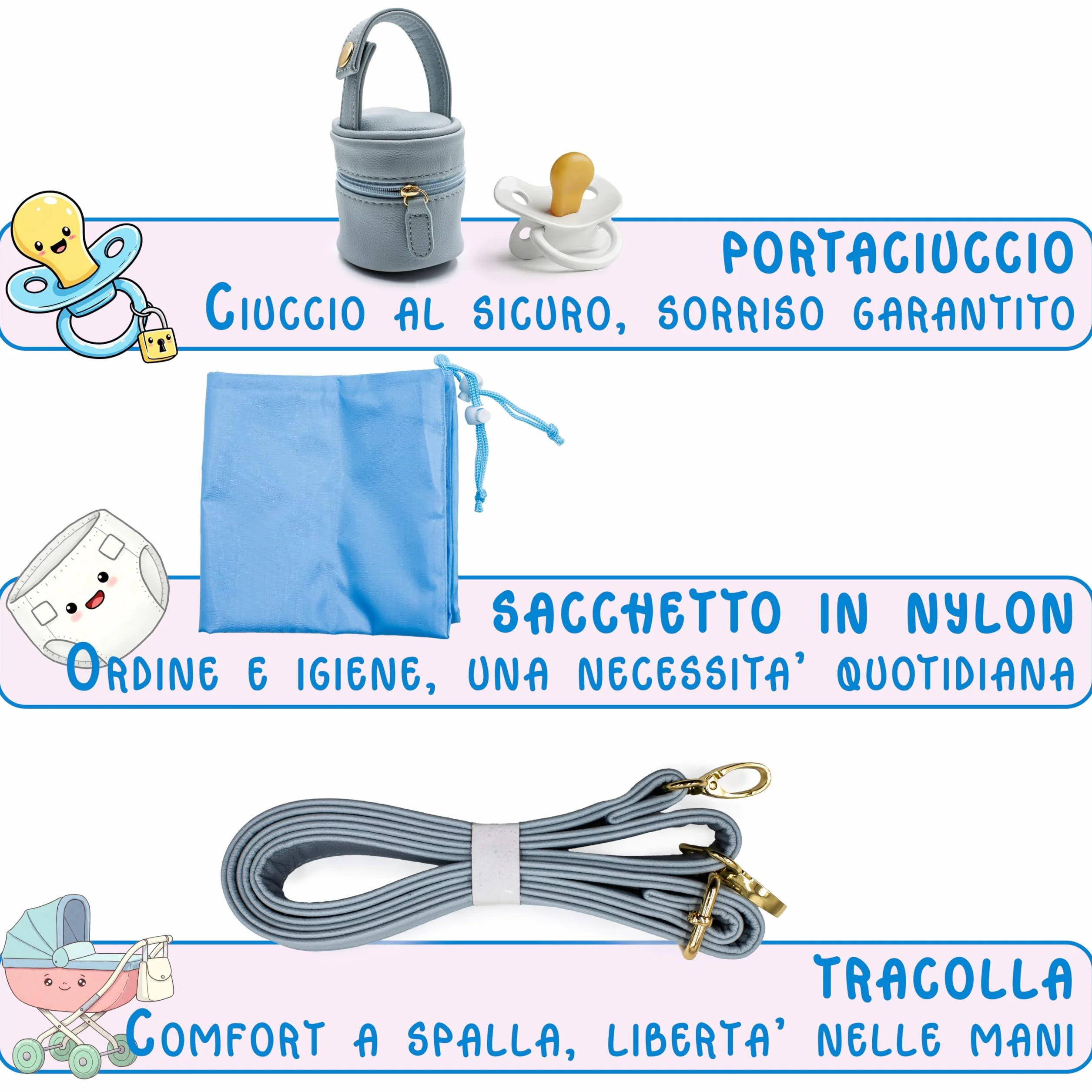 PASTELLO - Set Borsa Nascita Multifunzione con Accessori Inclusi, Borsone Mamma per Cambio e Viaggio, Con Fasciatoio, Portabiberon Termico e Portaciuccio (Art. SETN02)