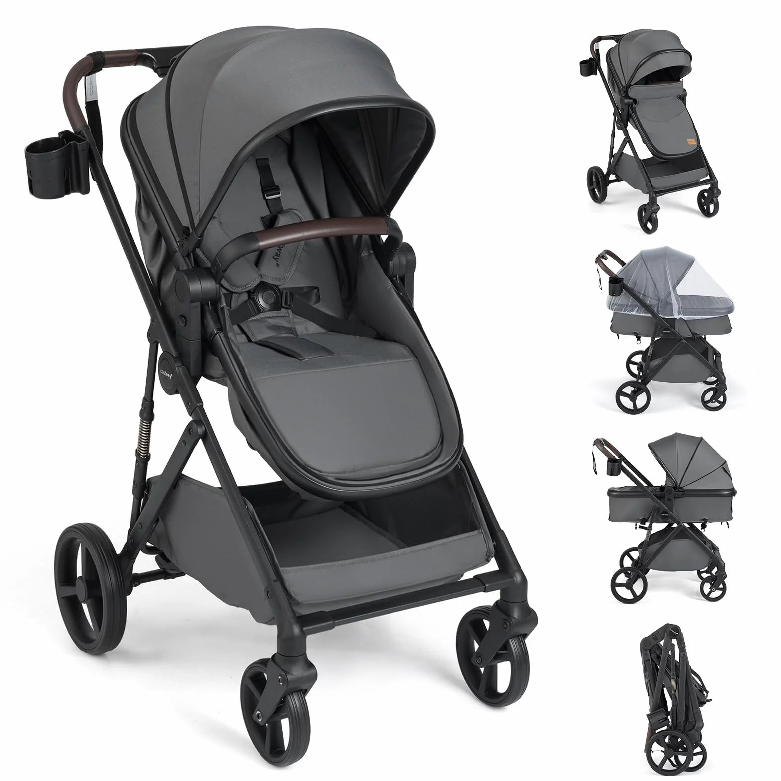 COSTWAY 2 in 1 Passeggino Leggero Pieghevole per Bambini, con Schienale Regolabile, Sedile Reversibile, Tettuccio, Cestello Portaoeggetti, per Neonati per 0-36 Mesi (Grigio)