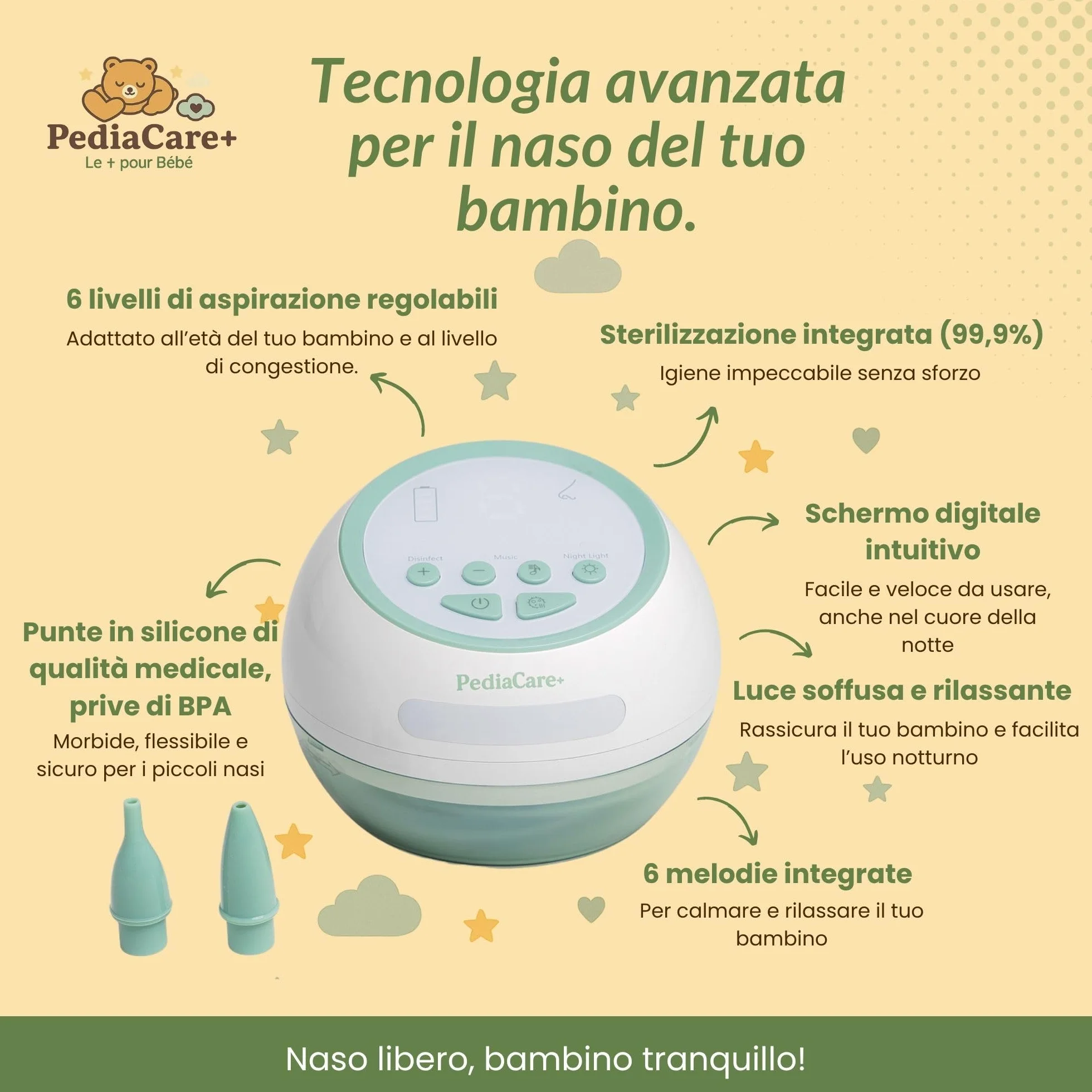 Pediacare+ Aspiratore Nasale Elettrico Neonato | 6 Livelli di Aspirazione, Display LCD, Musica Rilassante, LED Notturno, Ricaricabile, Igienico, Accessorio Utile per Neonati