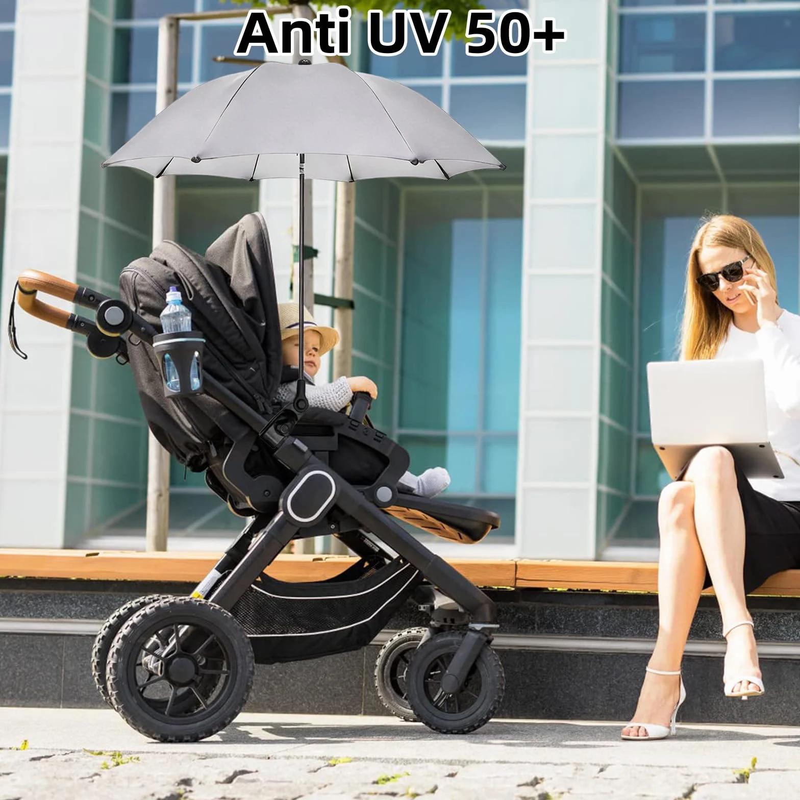 Ombrellino Passeggino Universale, Ombrellino Parasole Passeggino Anti UV 50+, Ombrello Parasole Passeggino con Un Manico, Ombrellone per Passeggino per Carrozzina e Passeggino-Grigio