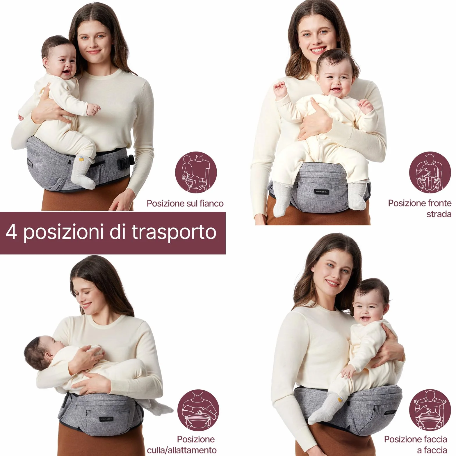Marsupio per Bambini Momcozy - Cintura Regolabile con Protettore Ventrale 3D Originale, Marsupio Ergonomico con Varie Tasche per Neonati e Bambini fino a 45lbs (Grigio, Medio)