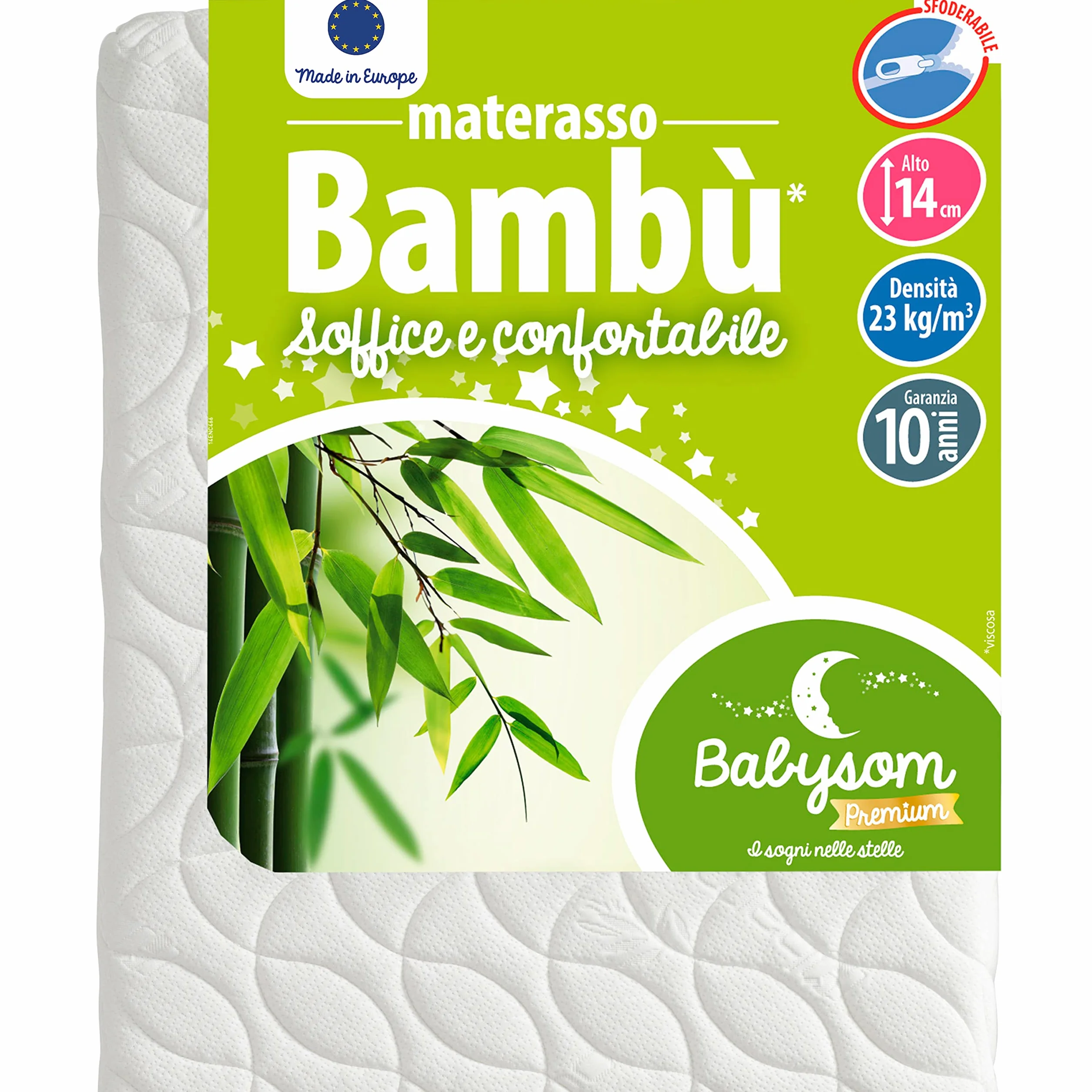 Babysom - Materasso Lettino Bambino | Per Neonato - Bambù Naturale - 70x140 cm - Altezza 14cm - Antiacari - Antisoffoco e Traspirante - Sfoderabile - Garanzia 10 anni