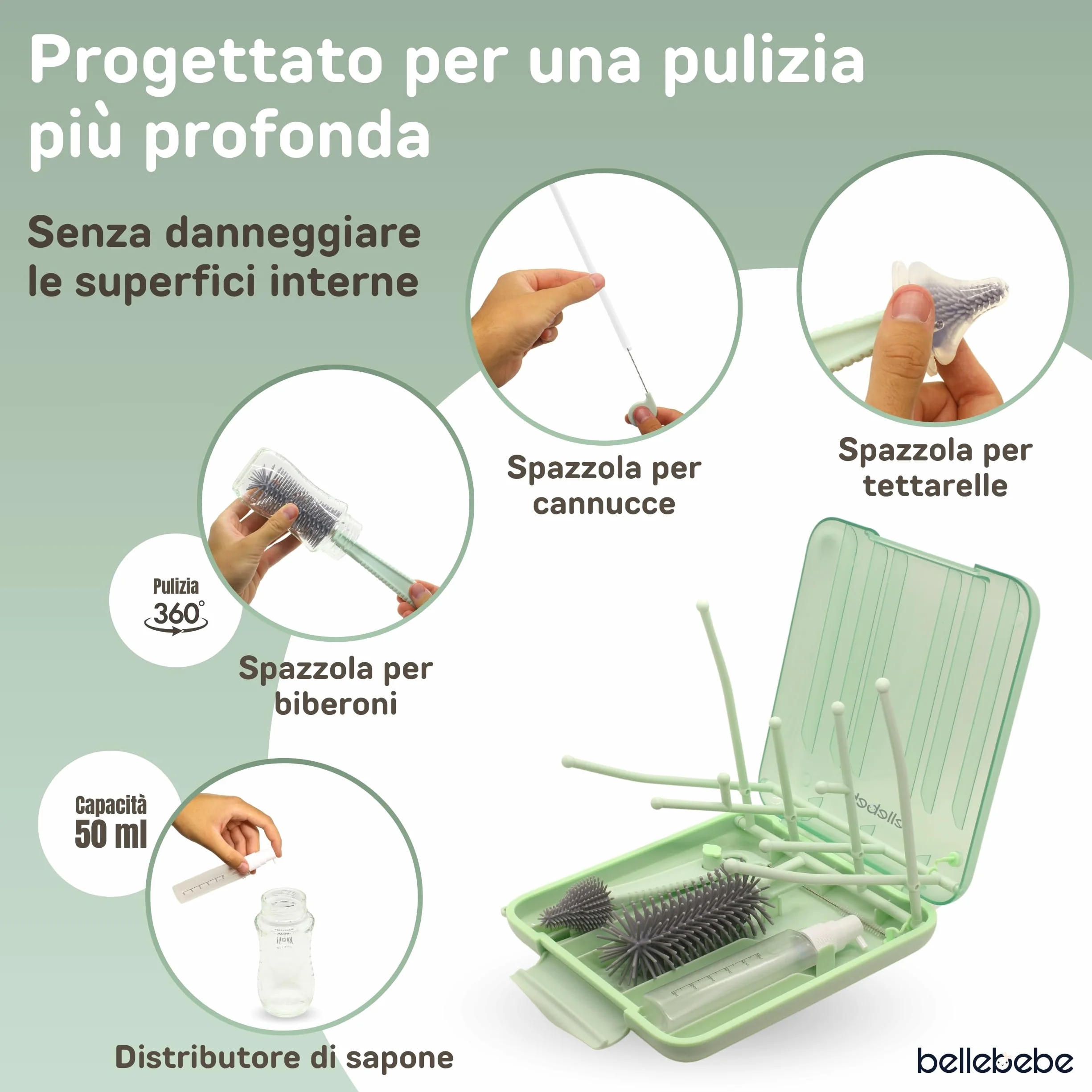 BELLEBEBE Set Escurre Biberones con Limpia Biberones - 6 en 1 Kit Cepillo Limpia Biberones con escurre biberones Plegable - Portatil - Transportable - Regalo para Bebe - SIN BPA - Verde