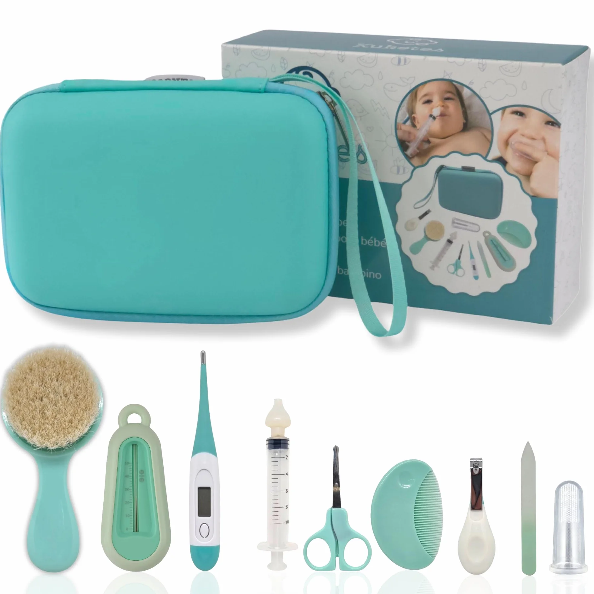 Set per la cura del neonato. Kit Igiene Bebe Completo di Tagliaunghie, Lime, Forbici, Termometro Doccia, Siringa Bambino, Spazzola, Pettine e Cavamochi. Beauty case per neonati da viaggio