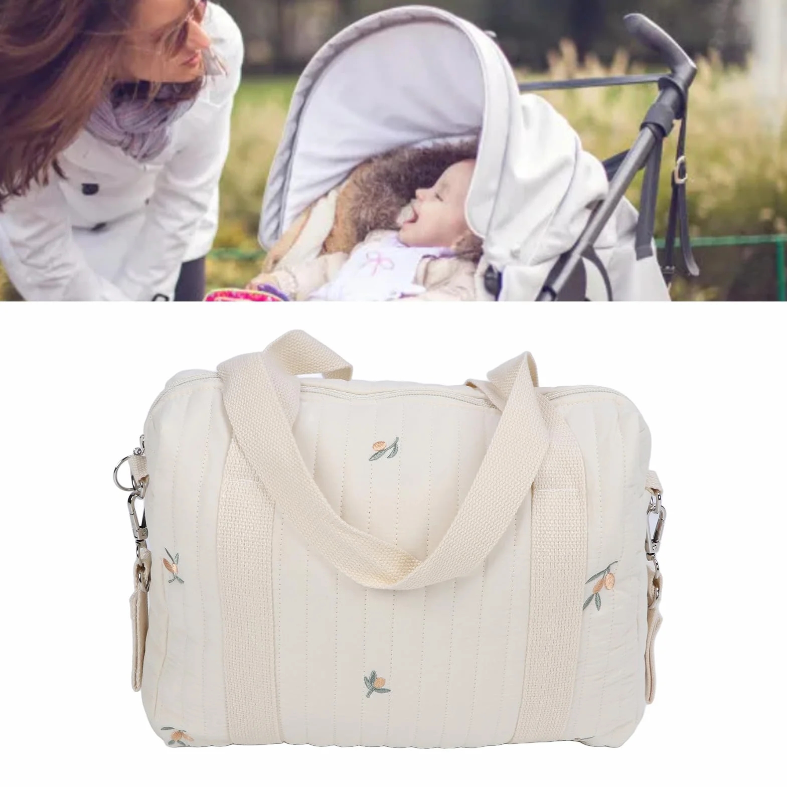 BORDSTRACT Borsa Portaoggetti Multifunzionale Per Passeggino, Borsa Riutilizzabile con Ricamo con Cerniera Borsa Per Pannolini Tasca con Cerniera di Grande Capacità Resistente(oliva)
