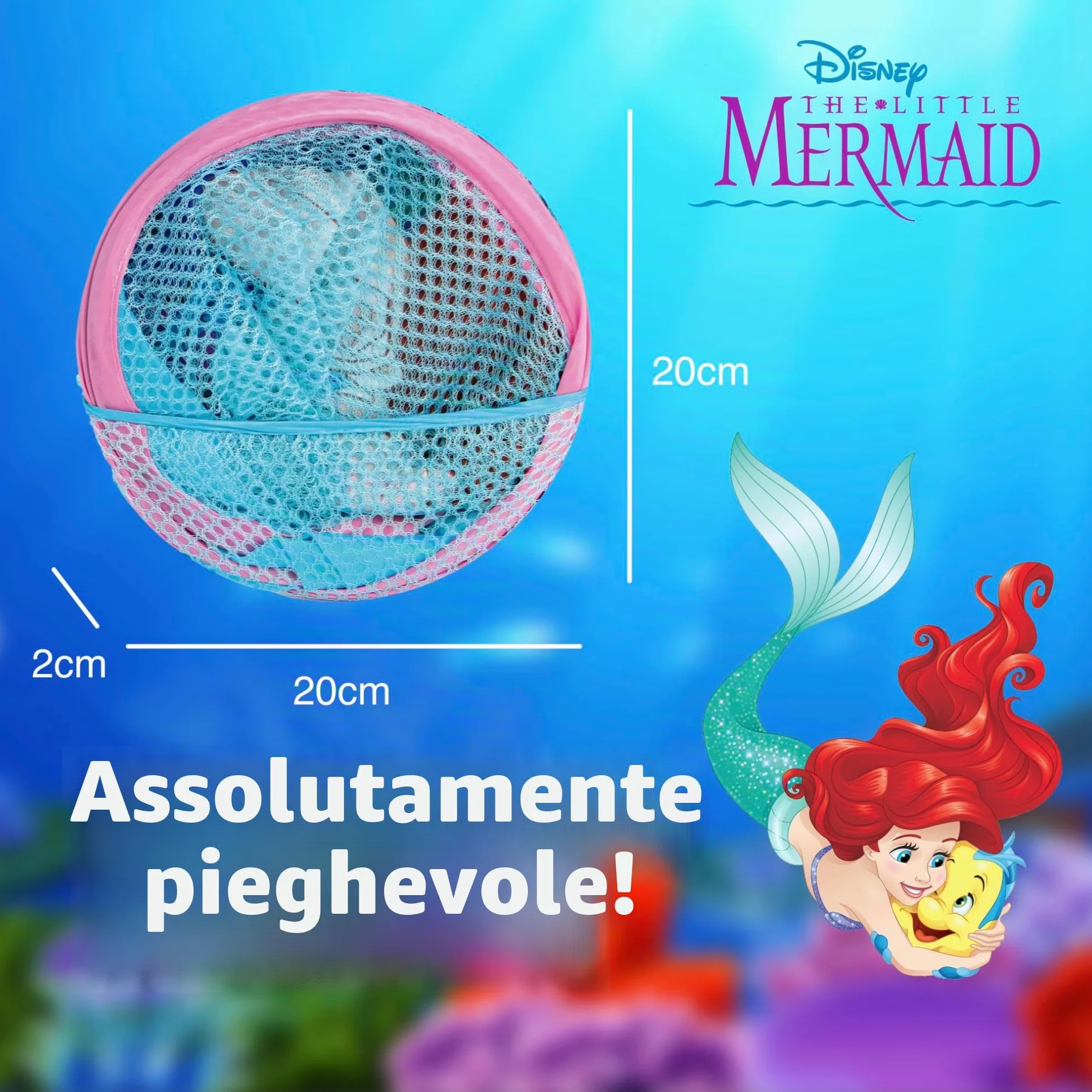 SUPERDIVER - Cesto pieghevole di Ariel La Sirenetta - Licenza Ufficiale Disney The Little Mermaid - Perfetto per giocattoli e vestiti - 36x36x58 cm - Ideale per bambini e bambine.