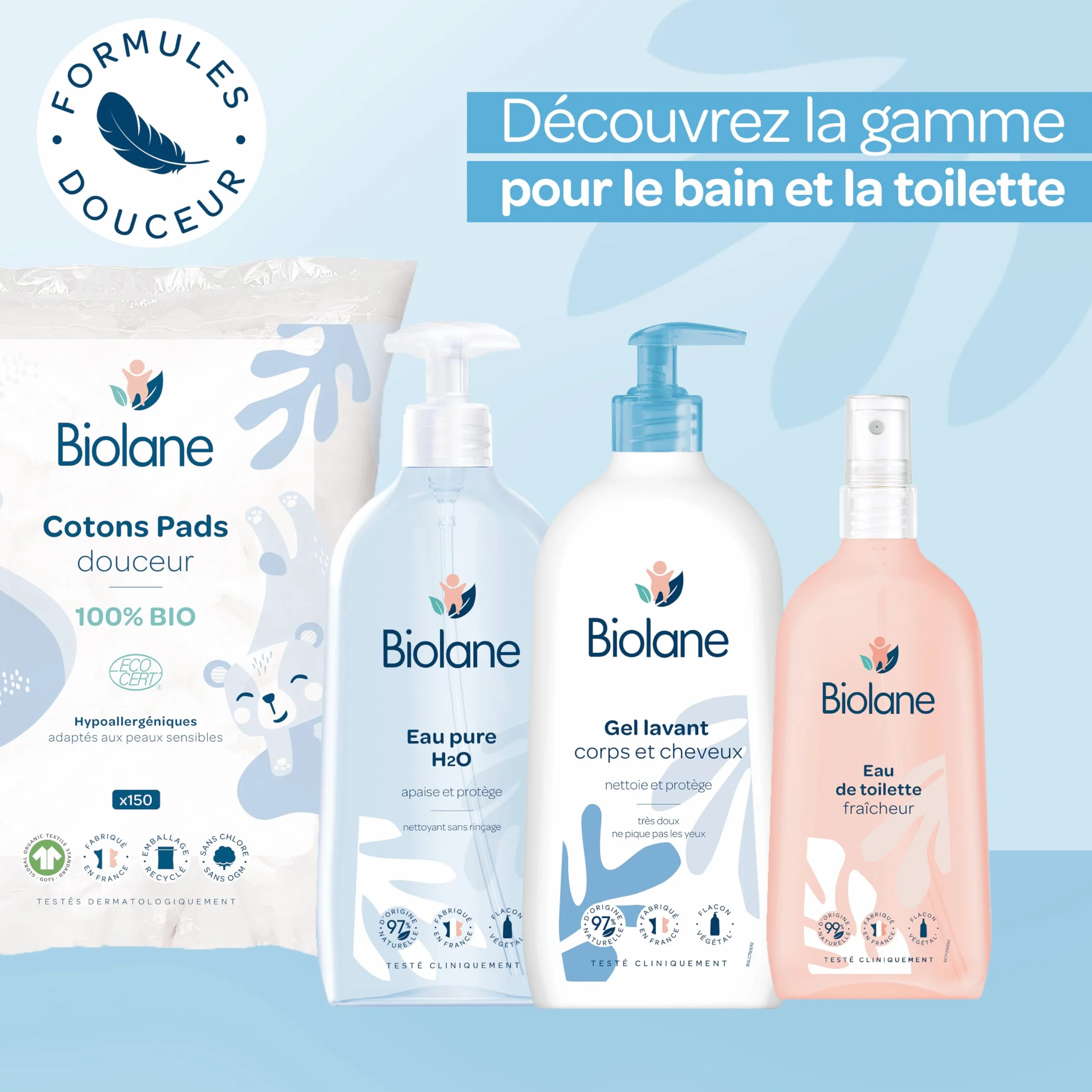 BIOLANE - Set di 3 tamponi morbidi in cotone - Bambino - 100% Bio - 150 cotone - Pelle sensibile - Cambia & Toilette - Fin dalla nascita - Made in France