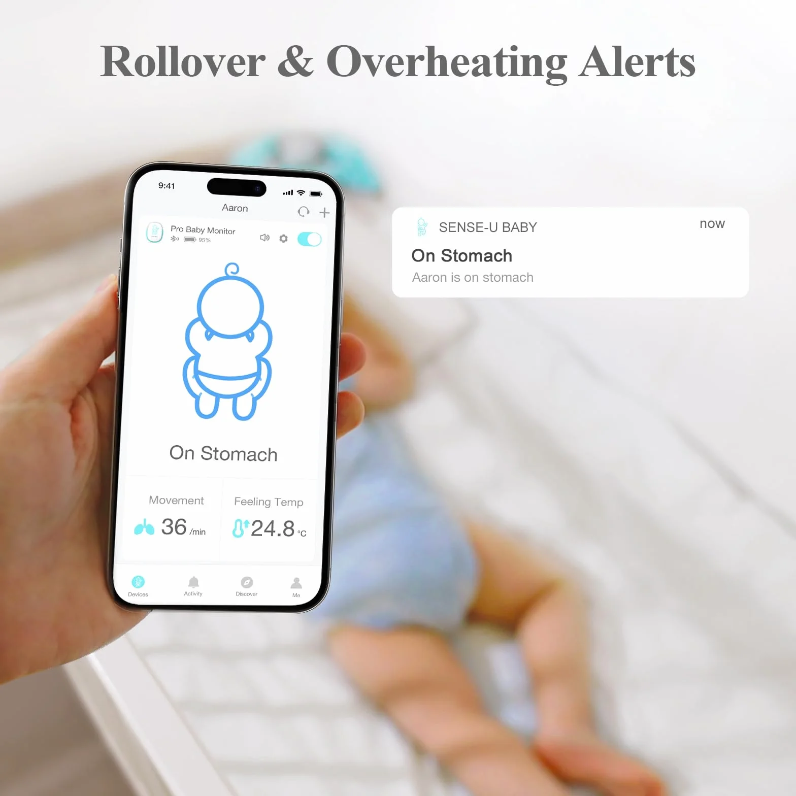 Sense-U Baby Monitor: traccia il movimento addominale, la temperatura, il ribaltamento e la posizione del sonno del tuo bambino (prato)