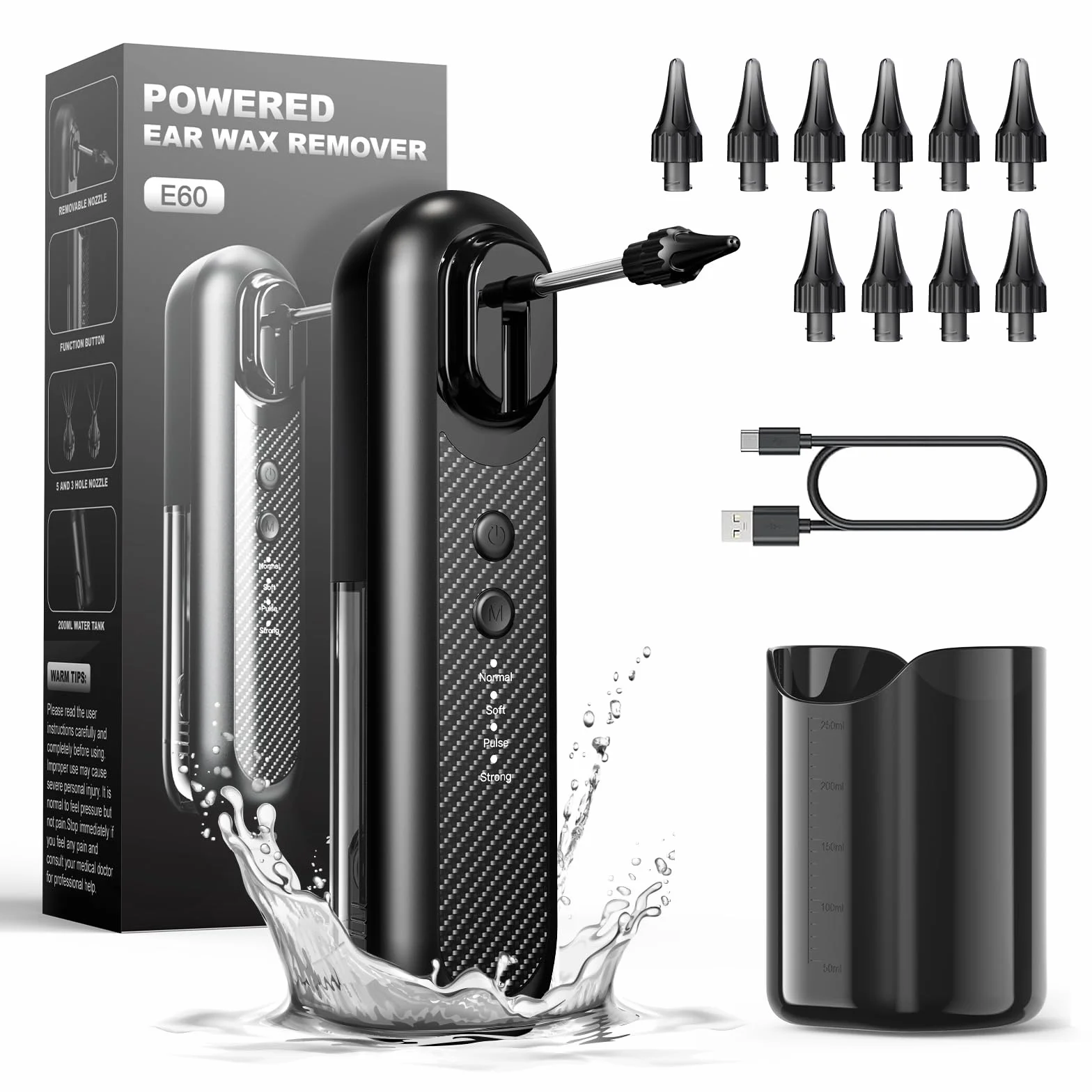 Kit Rimozione Cerume Elettrico: Pulitore Ricaricabile per Orecchie per Adulti e Bambini Kit di Irrigazione Pulitore Orecchie Batteria con 4 Modalità di Pulizia e 10 Ugelli