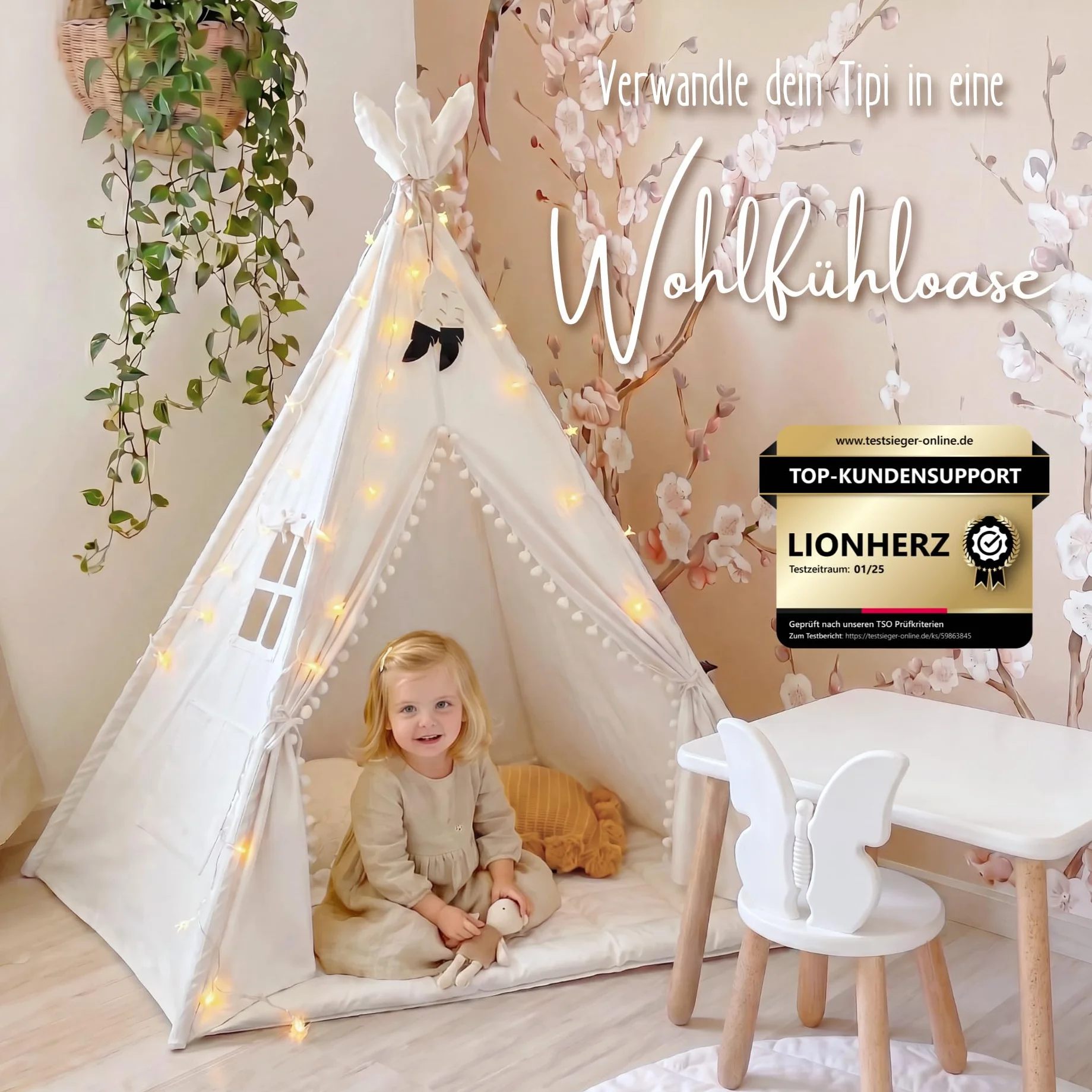 LIONHERZ® Tappetino Tipi con nastri, 120 x 120 cm, coperta imbottita per tenda da gioco/casetta dei giochi, morbida coperta quadrata per bambini, inserto trapuntato/base per legare (bianco brillante)