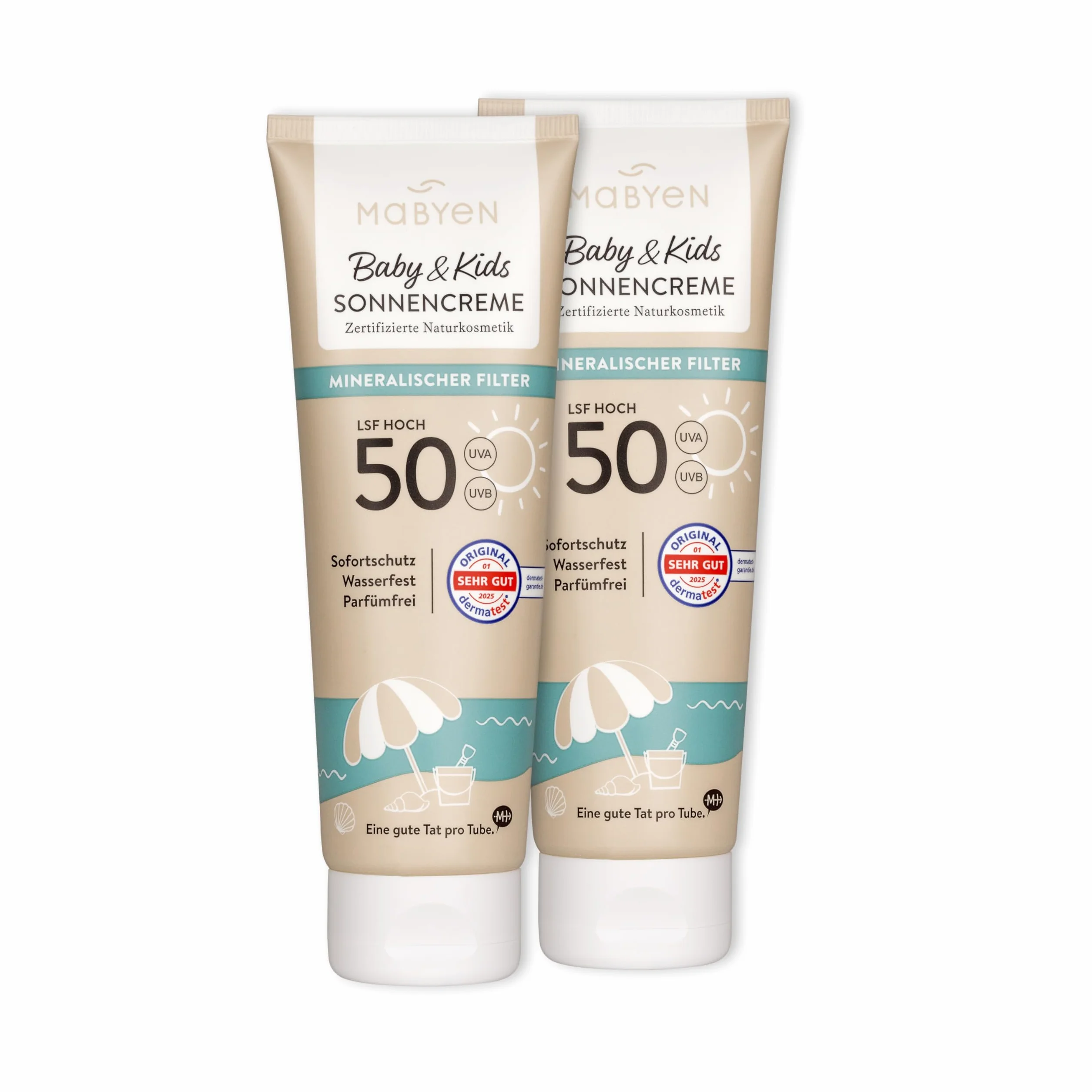MABYEN Crema solare minerale al 100% Baby & Kids SPF 50, 2 x 100 ml, crema solare per bambini con filtro minerale UVA/UVB, protezione immediata senza tempo di posa – impermeabile, senza profumo