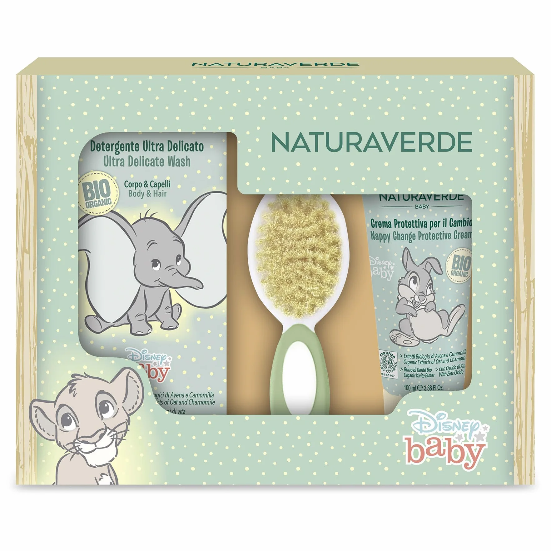 NATURAVERDE BIO BABY | Bio Disney Baby Detergente Delicato C&C 200ml + Crema Protettiva per il Cambio 100ml + Spazzola Capelli - Set Delicato per la Cura dei Più Piccoli