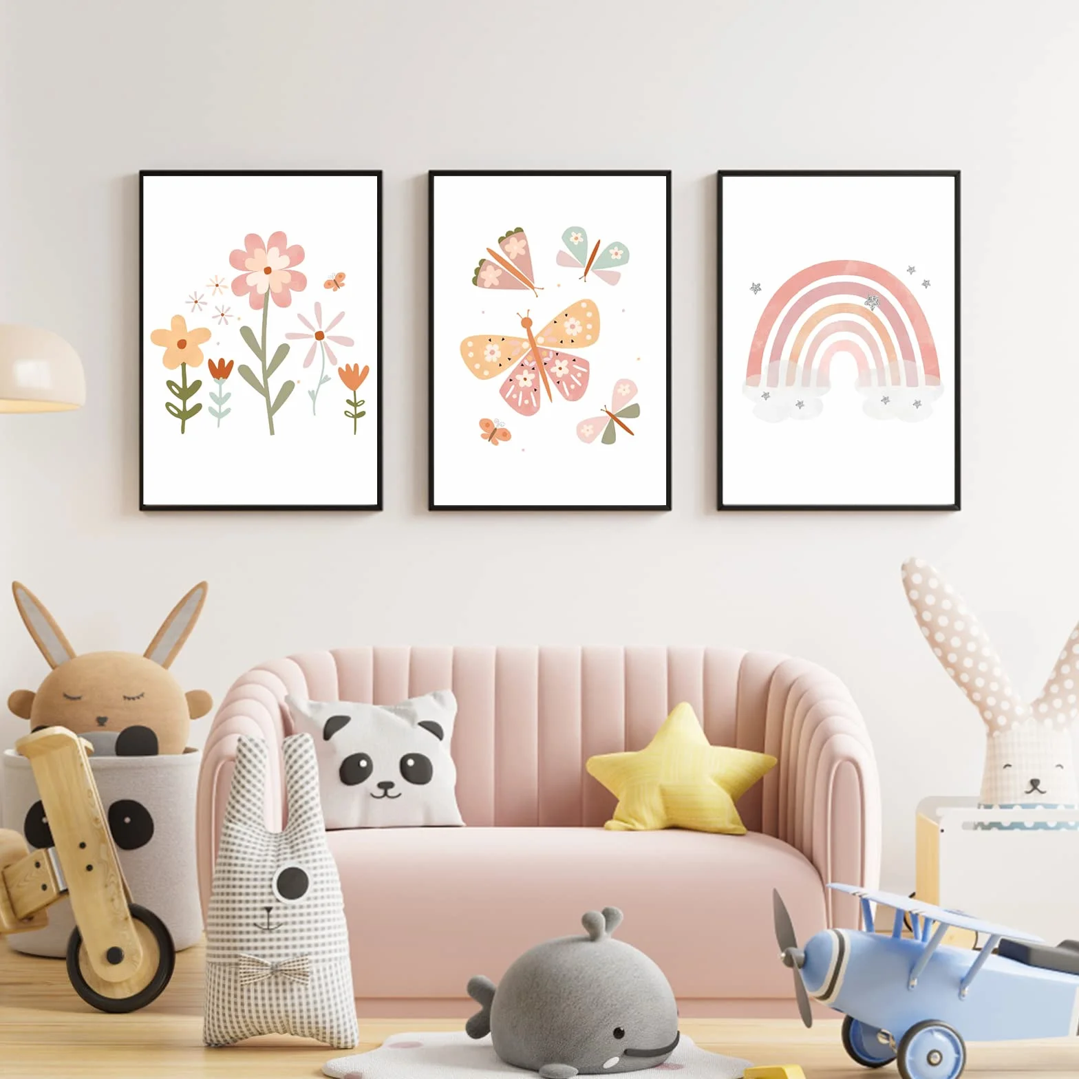 Encuryna Set di 3 Poster Decorativi per Cameretta dei Bambini, Motivo Arcobaleno/Fiore/Farfalla, Senza Cornice, Soggiorno, Camera da letto, Decorazione da Parete per Ragazzi Ragazze (30 x 40cm)