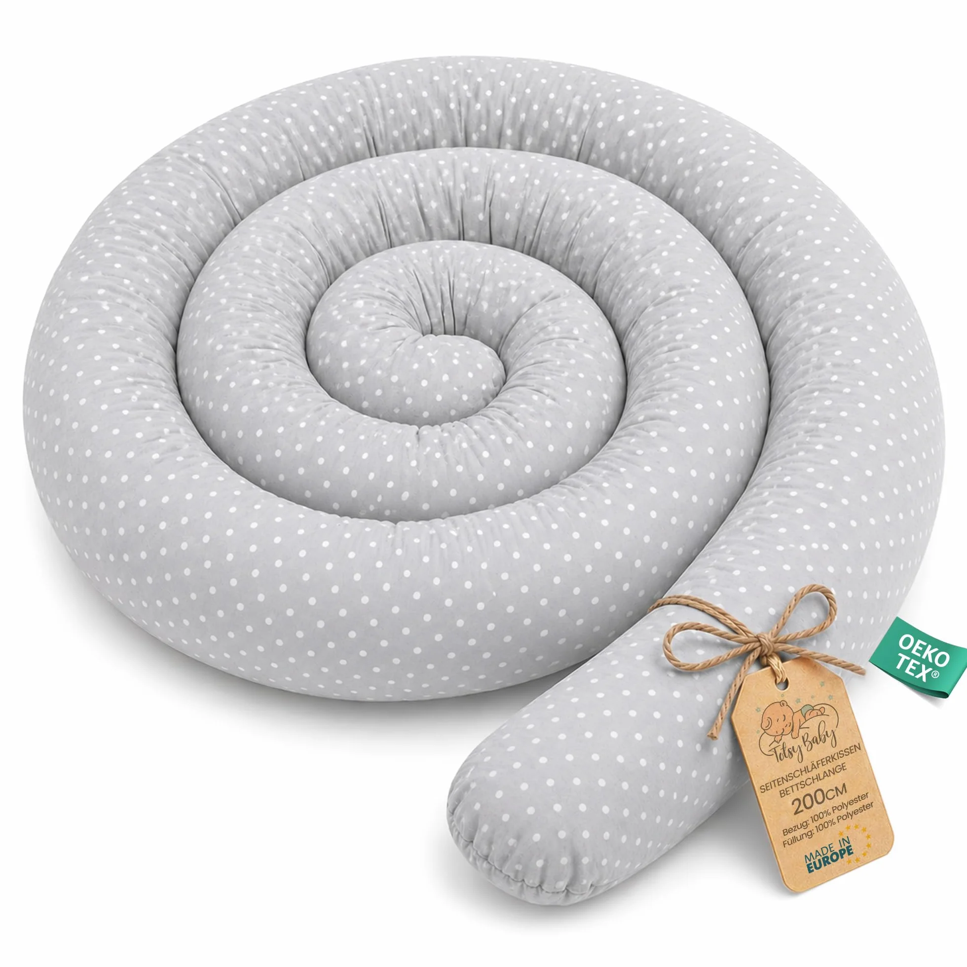 Totsy Baby Cuscino XXL a forma di serpente per letto, cuscino da allattamento, cuscino decorativo, protezione per il bordo del letto, paracolpi XL Punti bianchi su grigio 200 cm Certificato Oeko-Tex