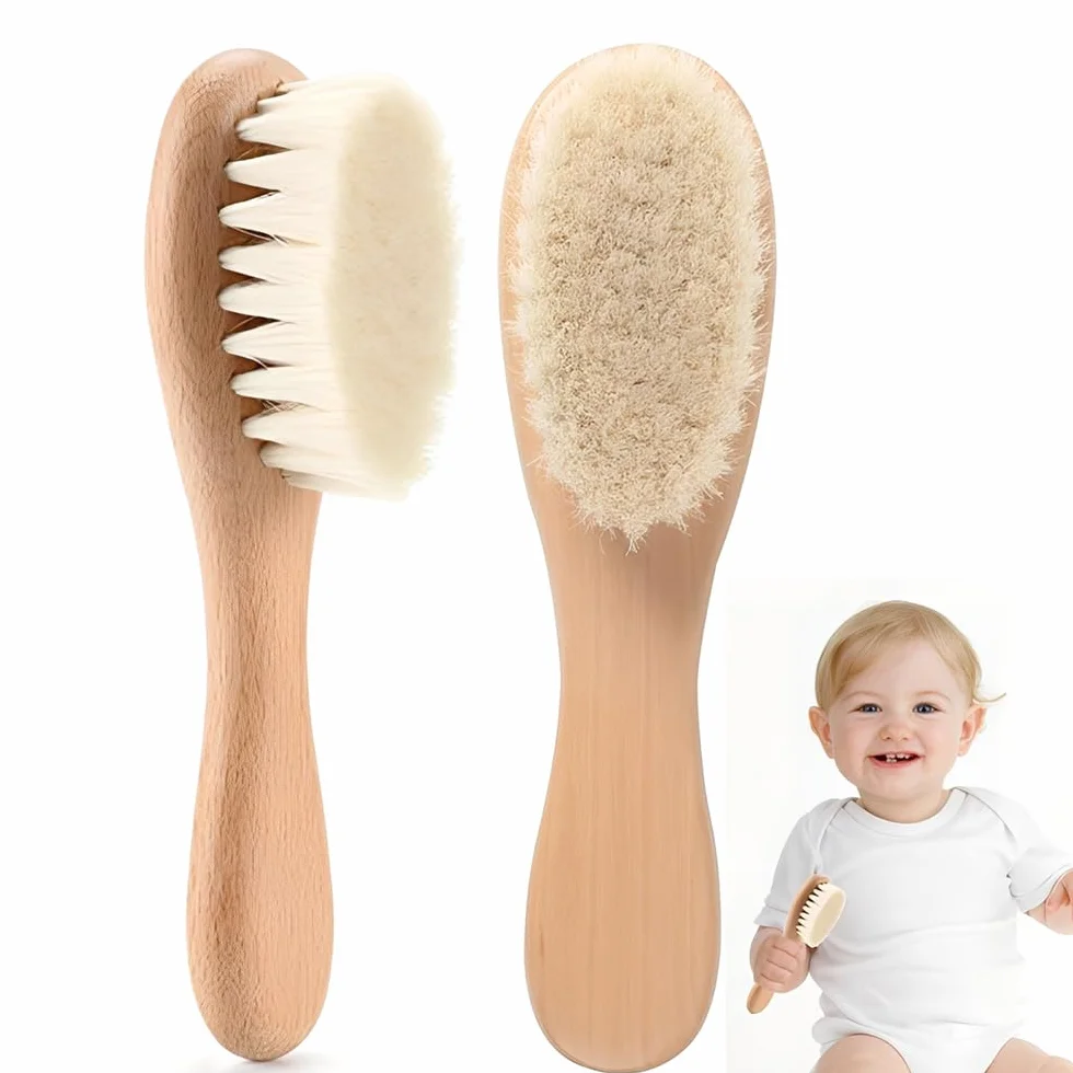 1 Pezzo Spazzola Neonato per Capelli con Manico in Legno e Setole di Capra Super Morbide per Neonati e Bambini