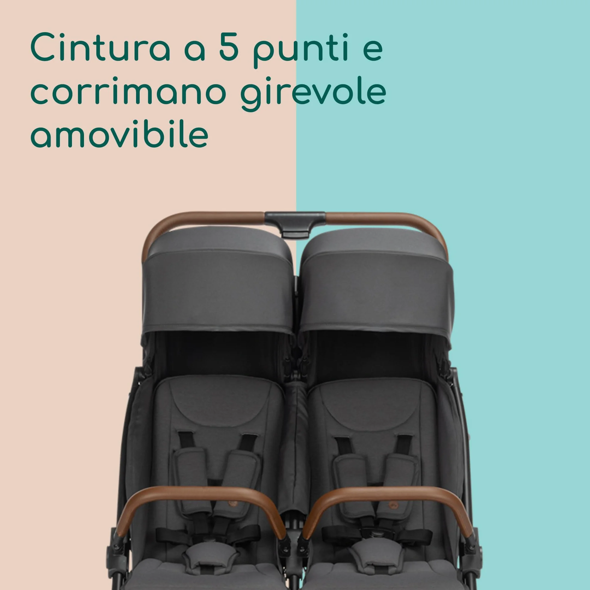 Bebeconfort Mane Passeggino Gemellare Leggero, 0-22 kg, Chiusura Automatica, Passeggino Doppio Pieghevole e Reclinabile, Corrimano, Parapioggia, Cestello Capiente (8 kg), Mineral Graphite