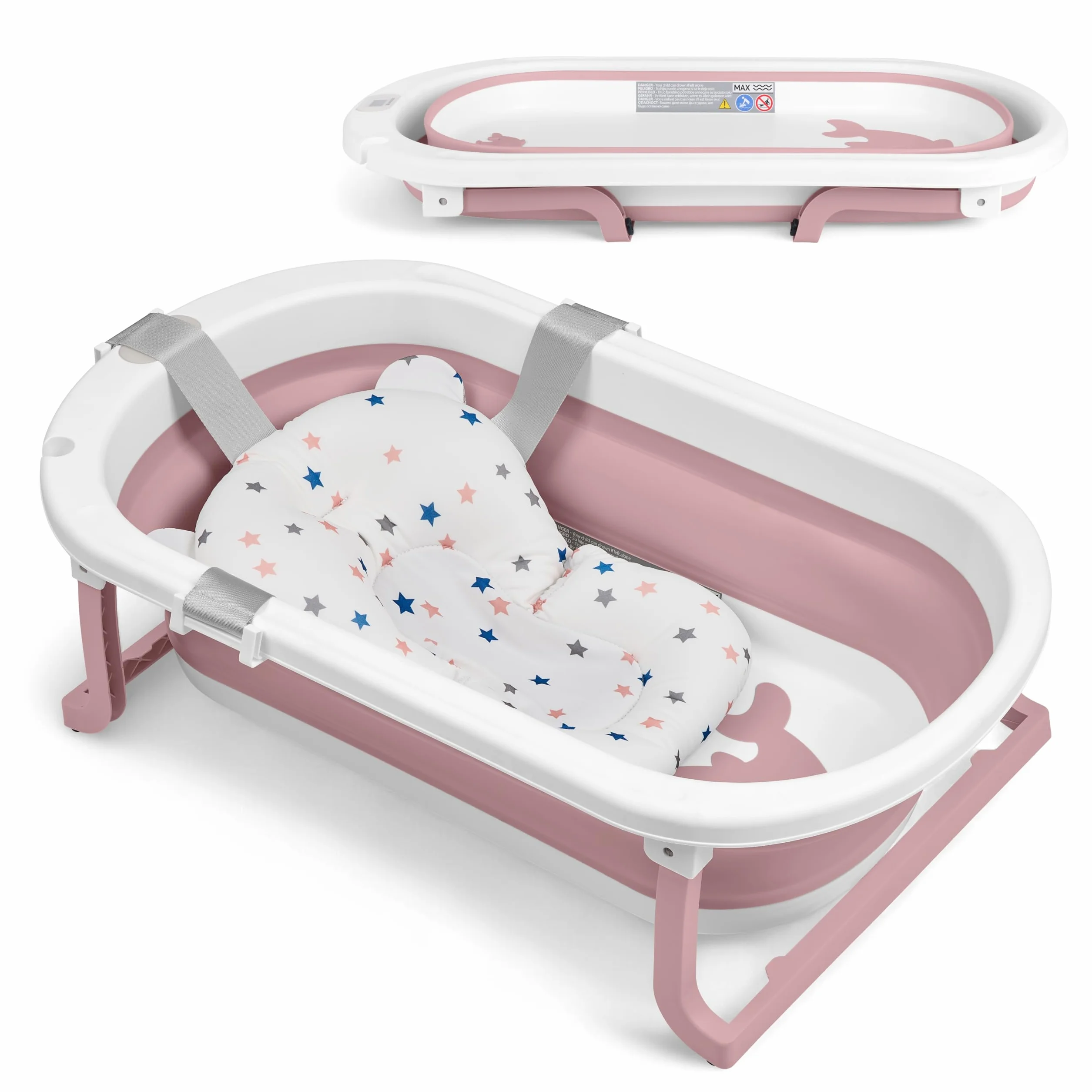 KikkaBoo Vaschetta Bagnetto Neonato Pieghevole WILLY, Salvaspazio con Termometro Integrato, Cuscino Morbido di Supporto, Gambe Antiscivolo, 0-36 Mesi, Regalo Nascita Bambino, Rosa