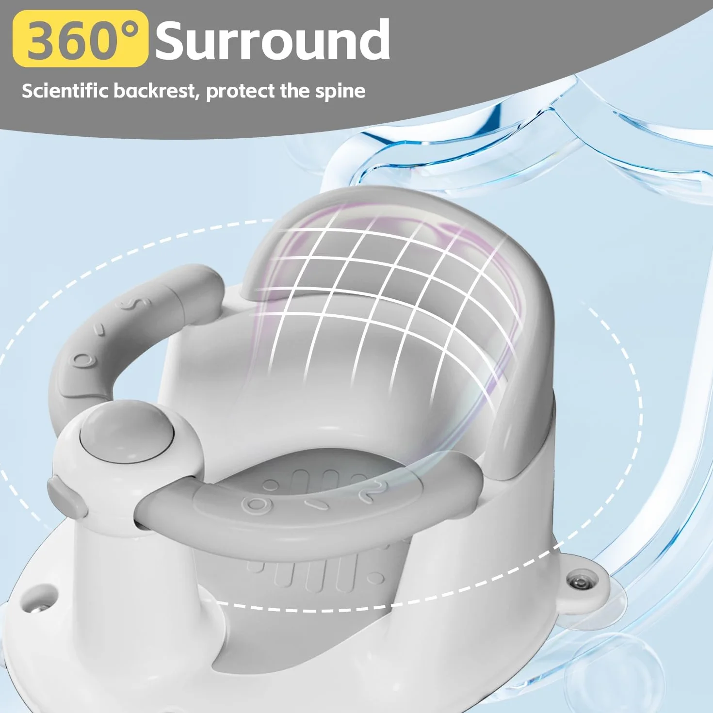 Seggiolino da Bagno Antiscivolo a Partire da 6 Mesi con 4 Potenti Ventose, Tazza e Spugna da Bagno, per Doccia o Vasca (Grigio)
