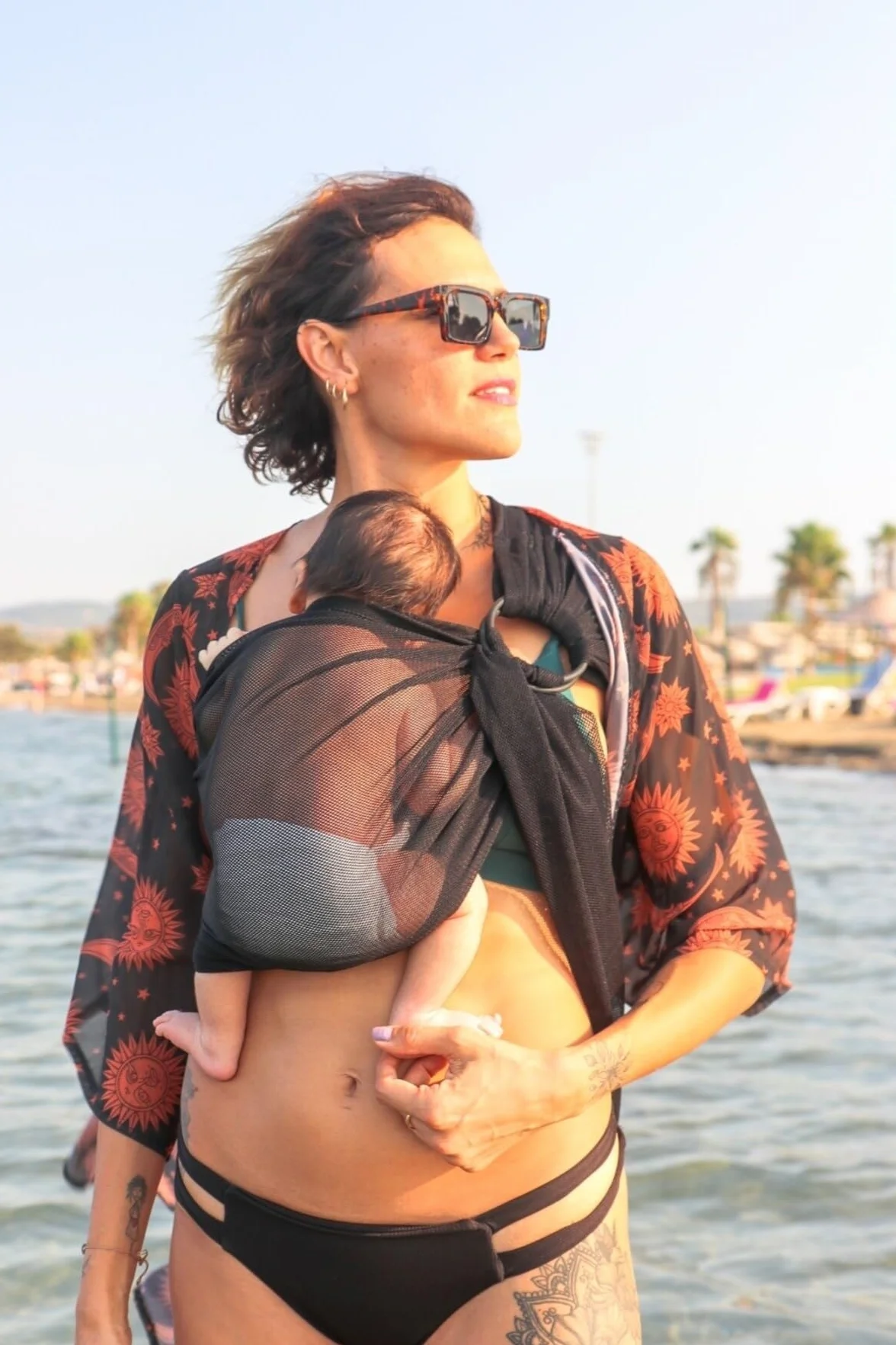 Fascia ad Anelli Portabebè da mare portabimbo da piscina Water Sling portabebè (Black)
