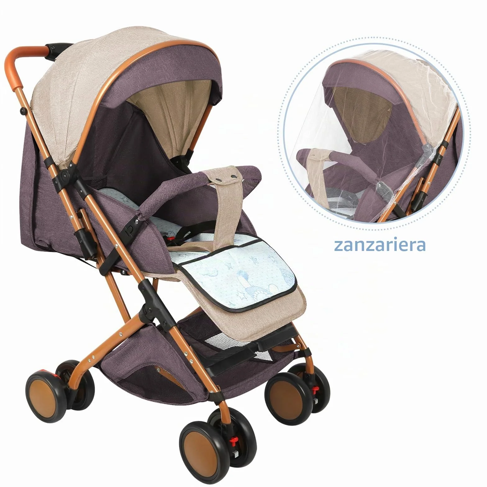 Passeggino a canna, passeggino, passeggino reclinabile, passeggino con rete in cotone, 4 ruote, può sedersi, carrozzina a 4 ruote, con zanzariera - 45 x 71 x 98 cm - cachi