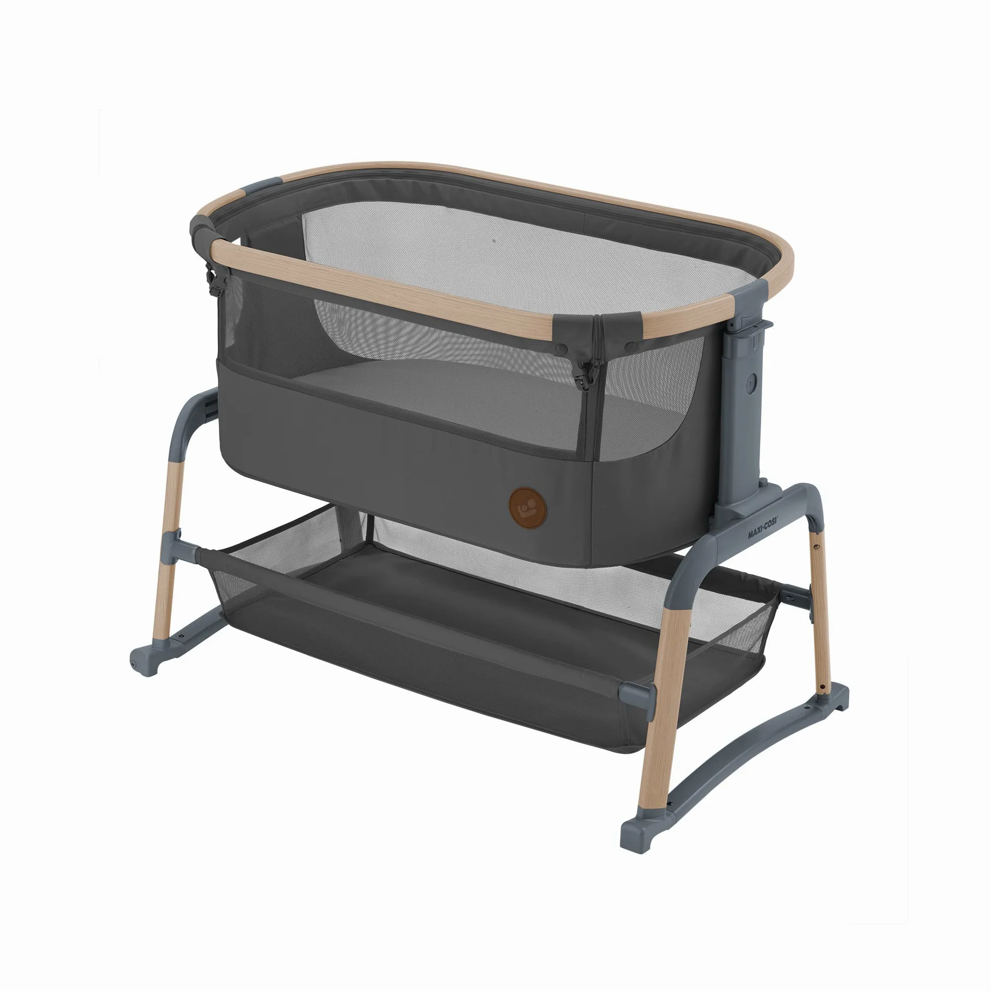 Maxi-Cosi Iora Air Lettino neonato, co-sleeping con materasso imbottito, funzione dondolo, regolabile in altezza, reclinabile,tessuti riciclati ecologici e traspiranti, 0-9 kg, Beyond Graphite