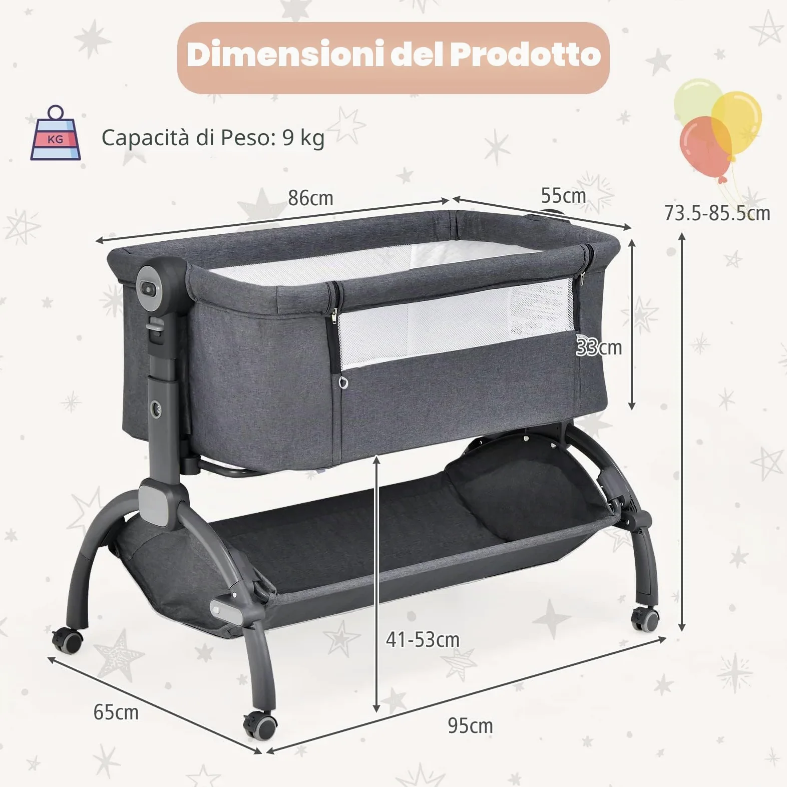 RELAX4LIFE Culla Neonato Fianco Letto, con Materasso, Zanzariera Cinghia Fissaggio, Regolabile In Altezza 7 Posizioni, Borsa di Trasporto, per Bambini 0-6 Mesi fino a 9kg (Grigio1)