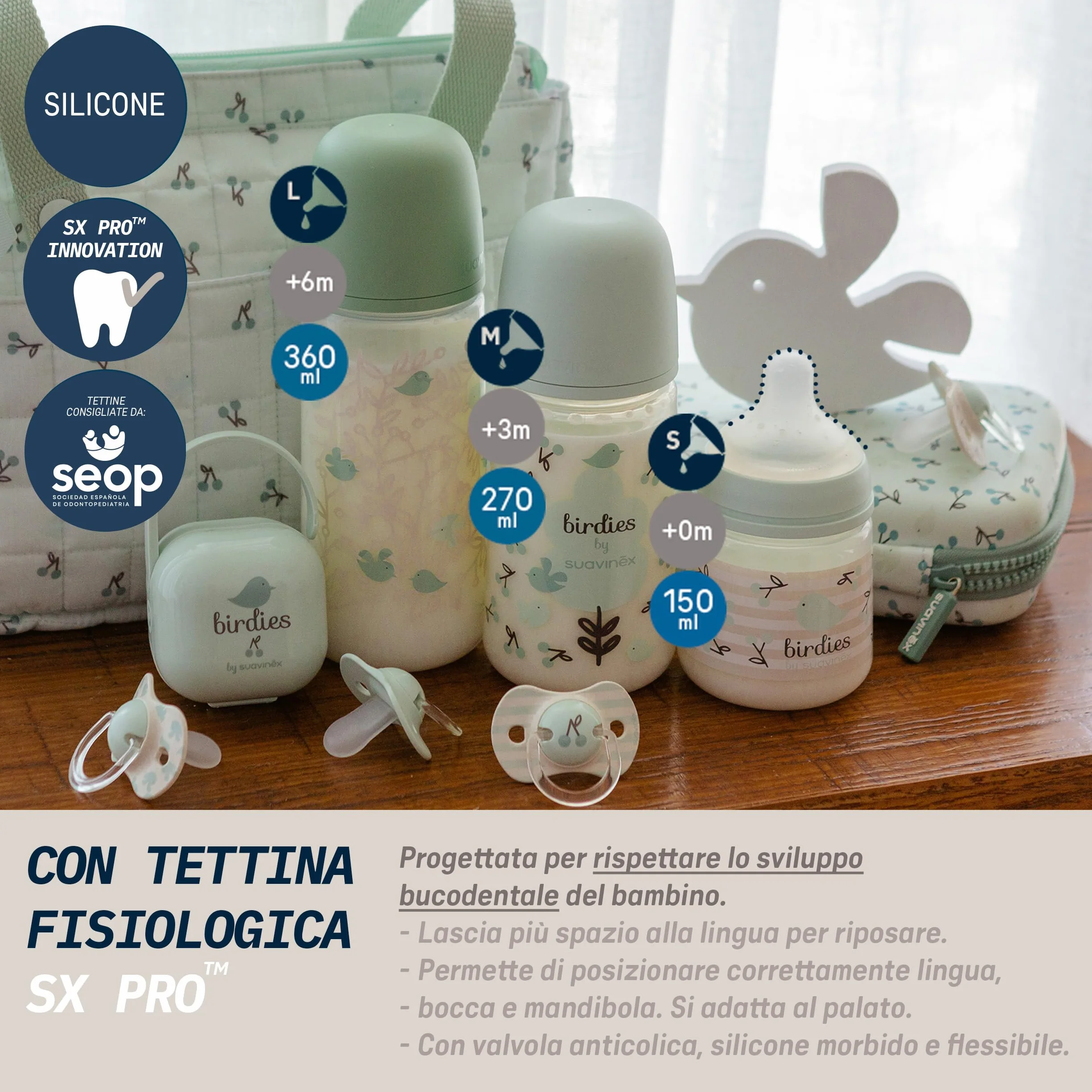 Suavinex, Set di Biberon per Neonati, Confezione Regalo: 2 Biberon da 270 ml + 2 Biberon da 150 ml + Ciuccio 0-6 Mesi, Tettarelle Fisiologiche SX Pro in Silicone, 5 Pz, +0M, Birdies Rosa