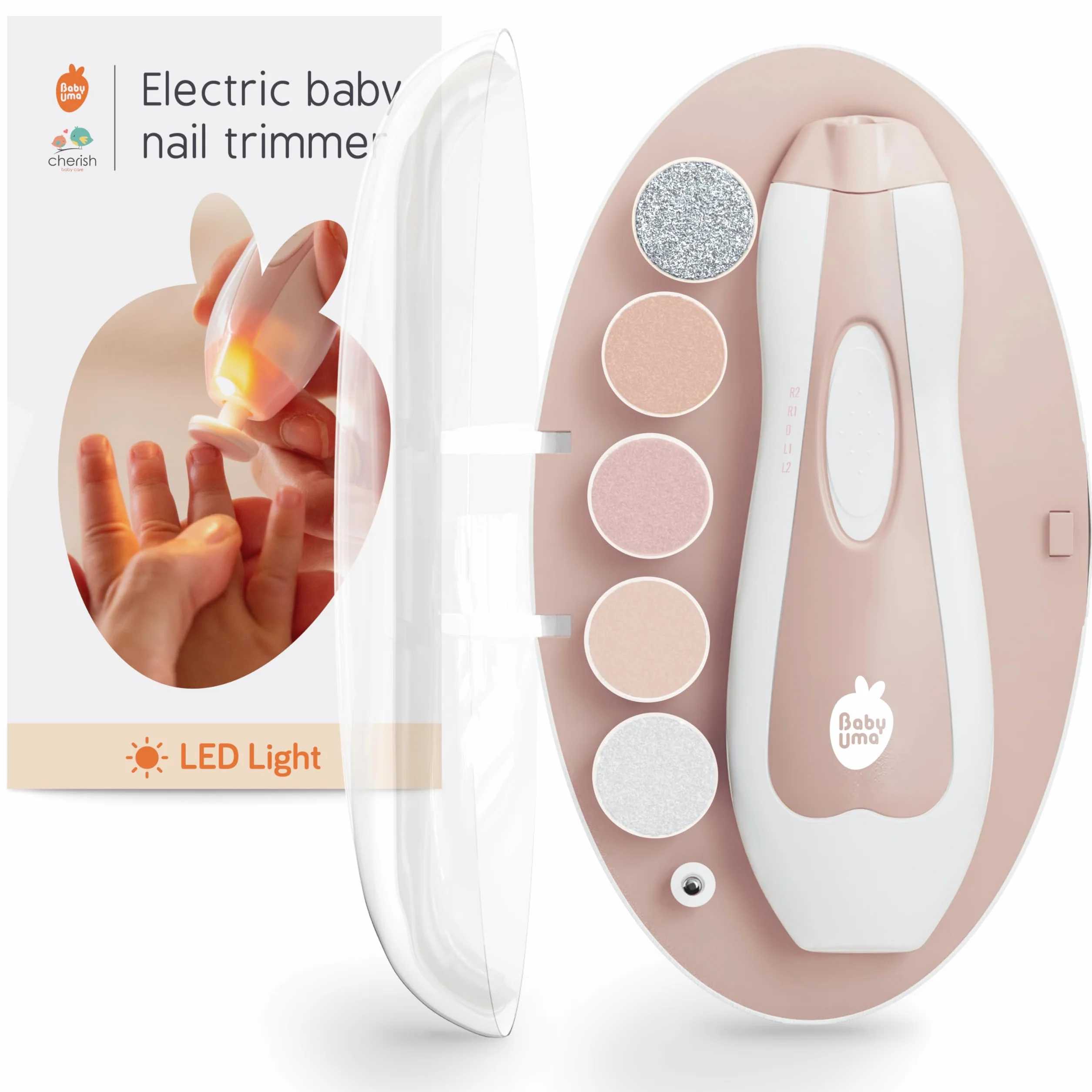 Cherish Baby Care Lima Unghie Neonato Elettrica LED - Tagliaunghie Elettrico con Arresto di Sicurezza Automatico, 2 Velocità & 6 Dischi, Neonati Accessori Utili (+ Custodia da Viaggio)