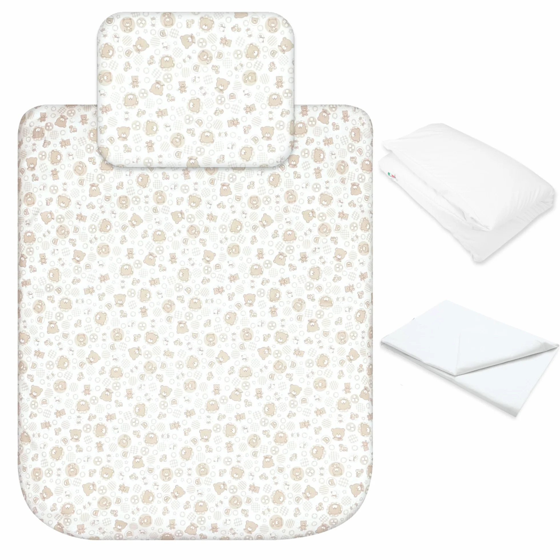 baby idea Babysanity Lenzuola Next To Me Compatibili 4 pezzi: Federa Cuscino, Piumino, Copripiumino, Lenzuolo Angoli per Culla Lettino Neonato - Chicco Kinderkraft Cam Brevi OEKO-TEX (Orsetto Beige)