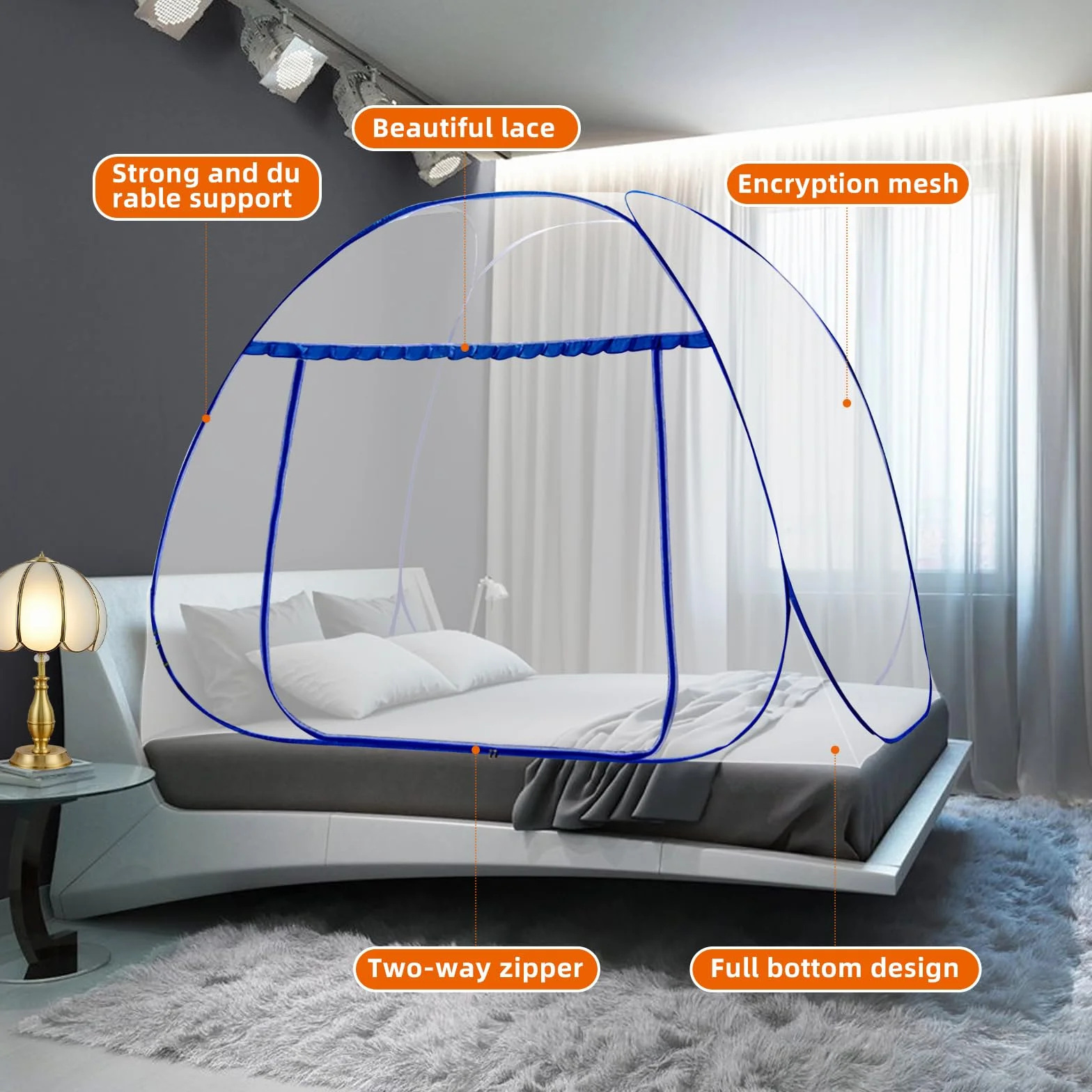 Zanzariera Letto, Zanzariere Pieghevole,zanzariera da viaggio portatile con cerniera a doppia anta,Facile da Installare, Efficace contro le Punture di Zanzara (Blu,195 * 100 * 110cm)