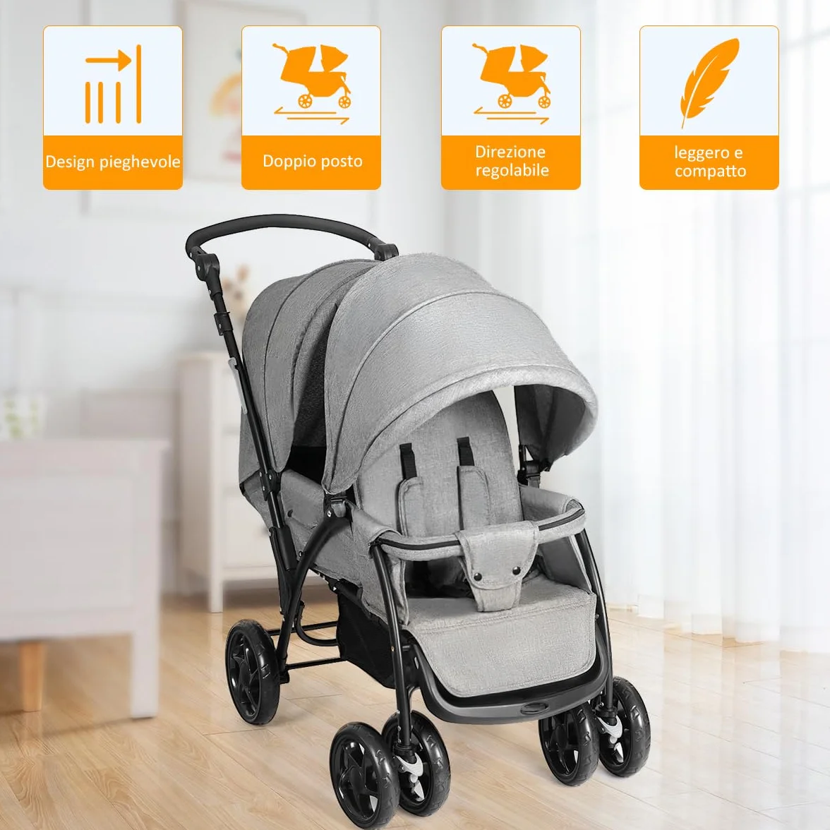 GYMAX Passeggino Gemellare Doppio/Fratelli di Età Diverse, Pieghevole Leggero, Tendalino/Schienale Regolabili, Portata di 15kg+15kg (Grigio, Verticale)