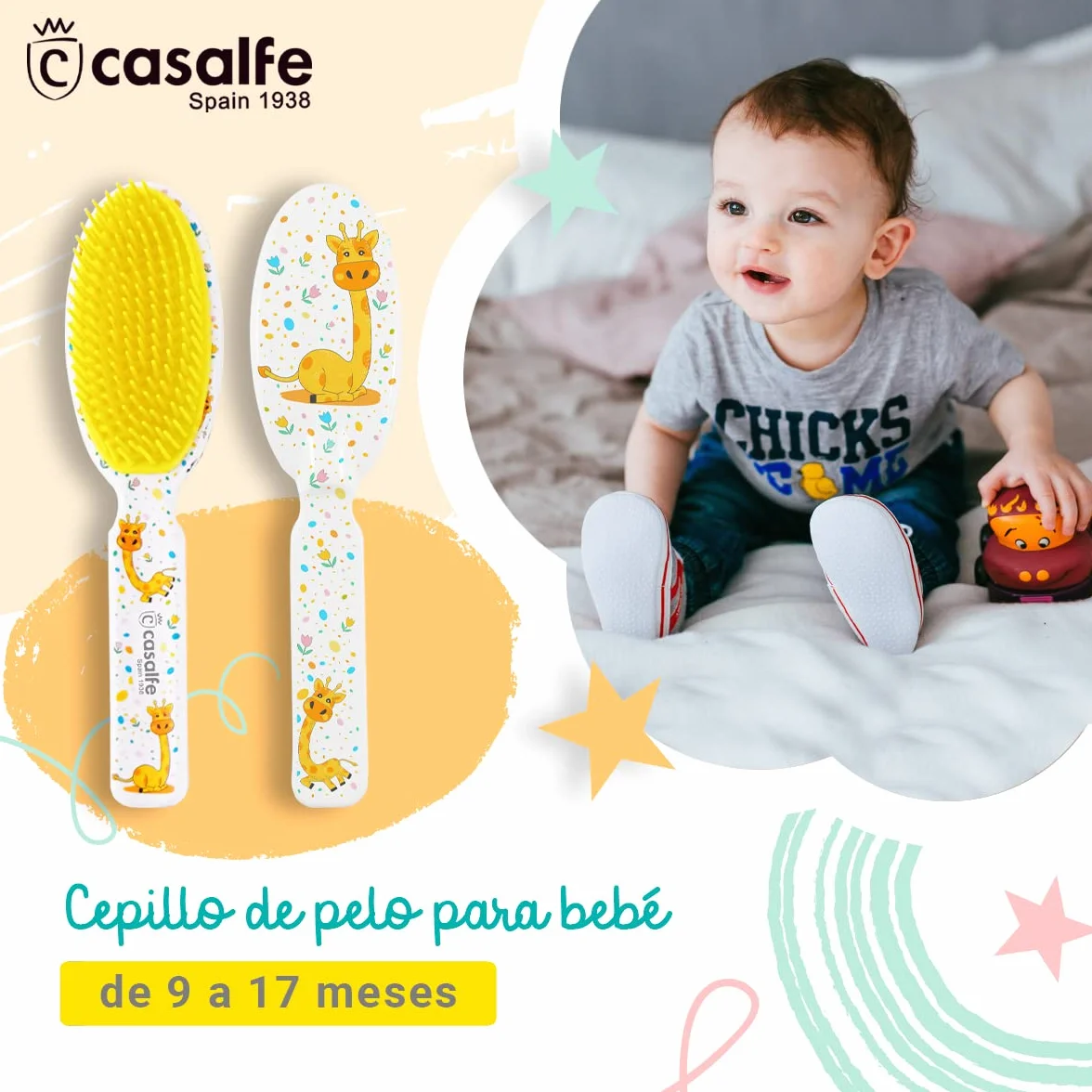 Spazzola per capelli per bambini dai 9 ai 17 mesi - con plettri morbidi e flessibili - ideale per pulire la crosta del latte senza dolore o disagio - senza BPA - con disegno di giraffe - Ecofriendly -