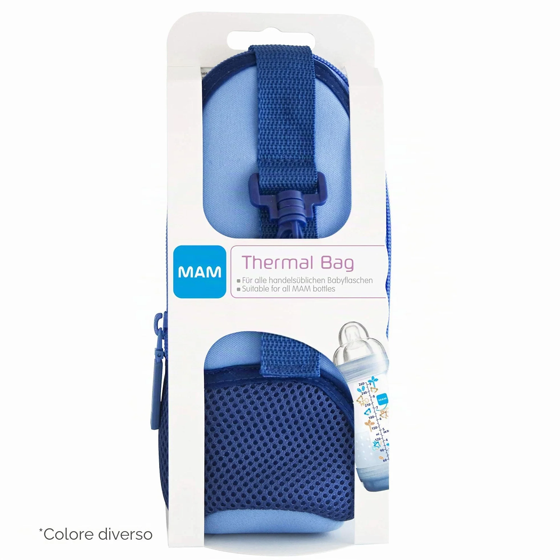 Istruzioni in lingua straniera - MAM - Borsa termica con strato isolante, mantiene i liquidi caldi e freddi, borsa termica per molti biberon comuni, blu