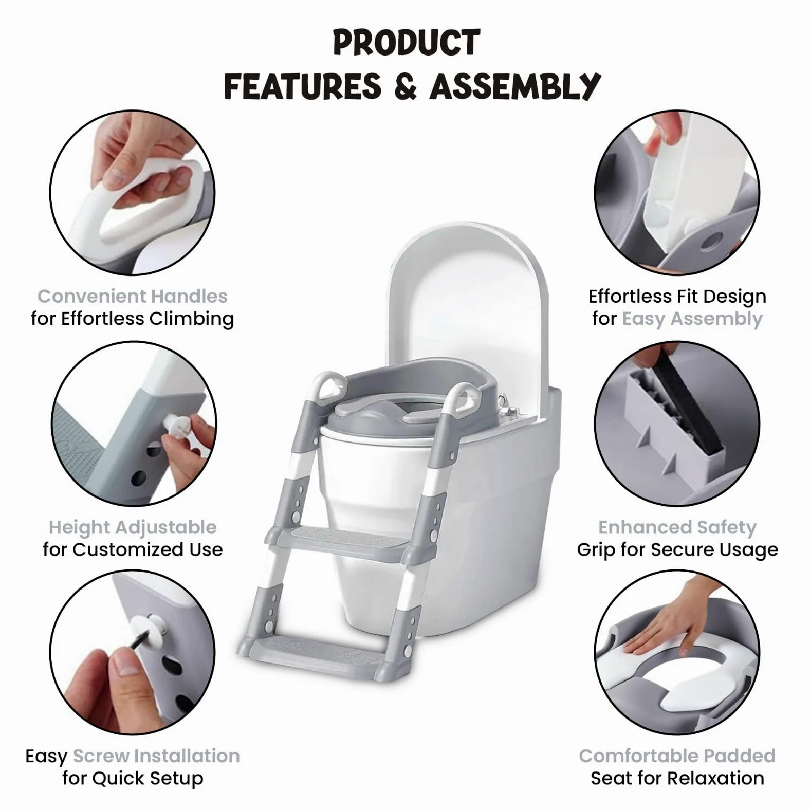 Sedile per WC per bambini e vasino per bambini | Protezione antispruzzo morbida maniglia per neonati e bambini, anello unisex con maniglie e schienale per una maggiore sicurezza (sedile WC con scala)